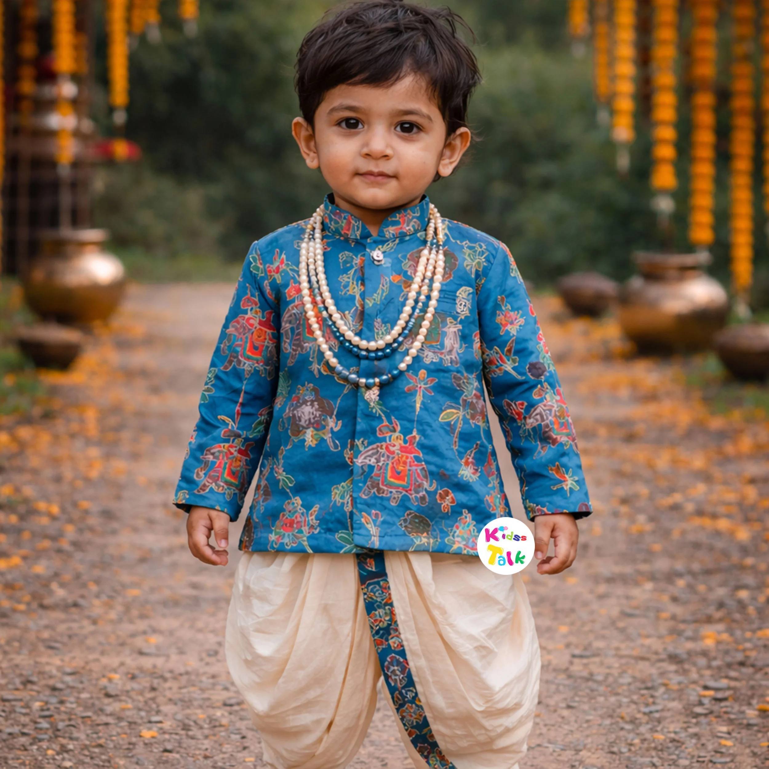 Royal Full Sleeve Embroidered Kurta With Pyjama & Dhoti - Teal Blue