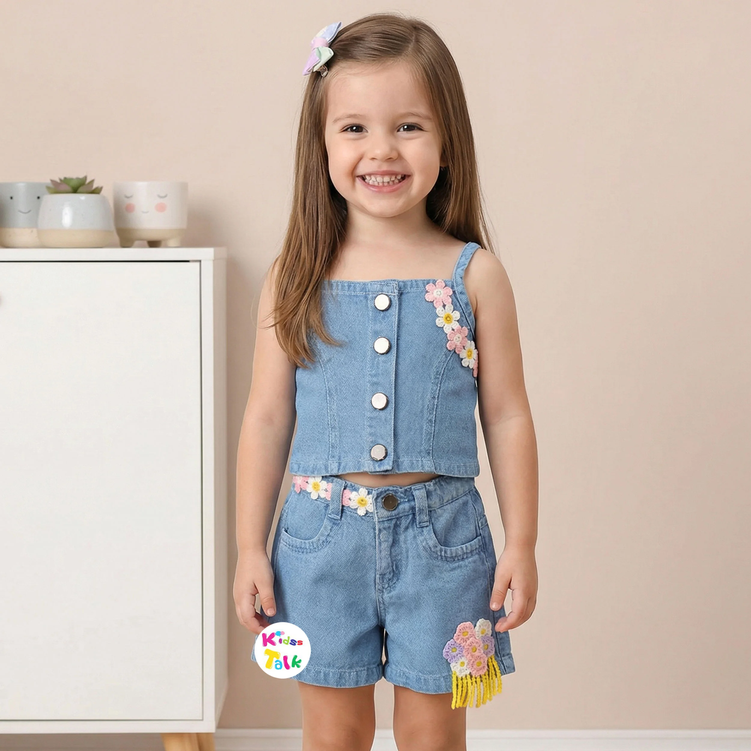Denim Sleeveless Top With Cute Embroidered & Half Pant - Denim Blue