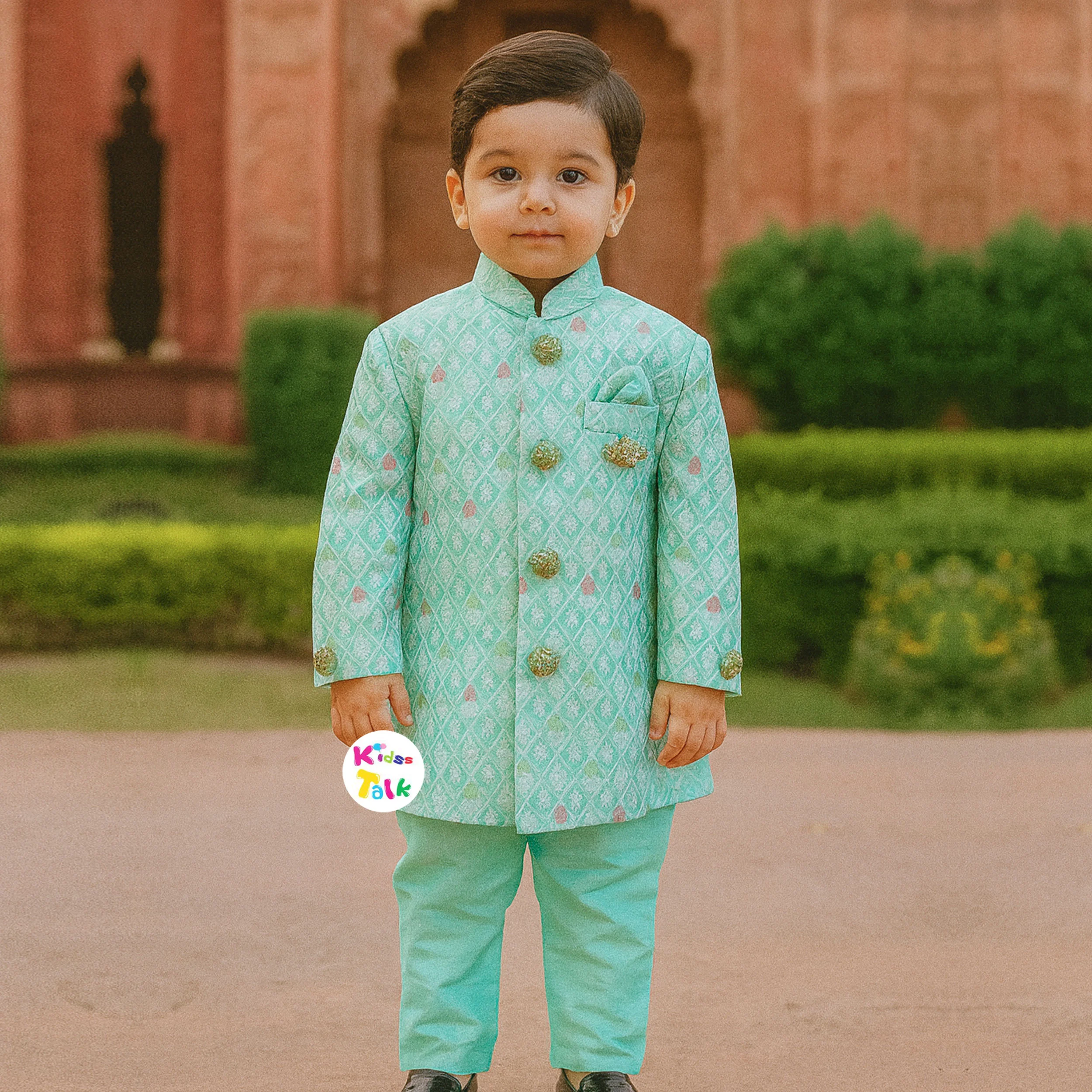 Royal Full Sleeve Sherwani Set With Broach - Mint Green