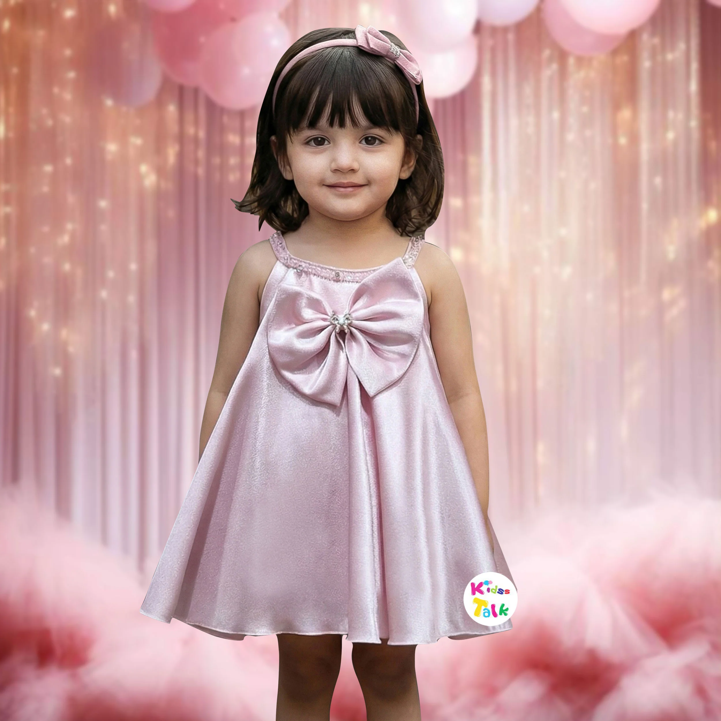 Satin Sleeveless Party Frock With Bow Applique - Wine