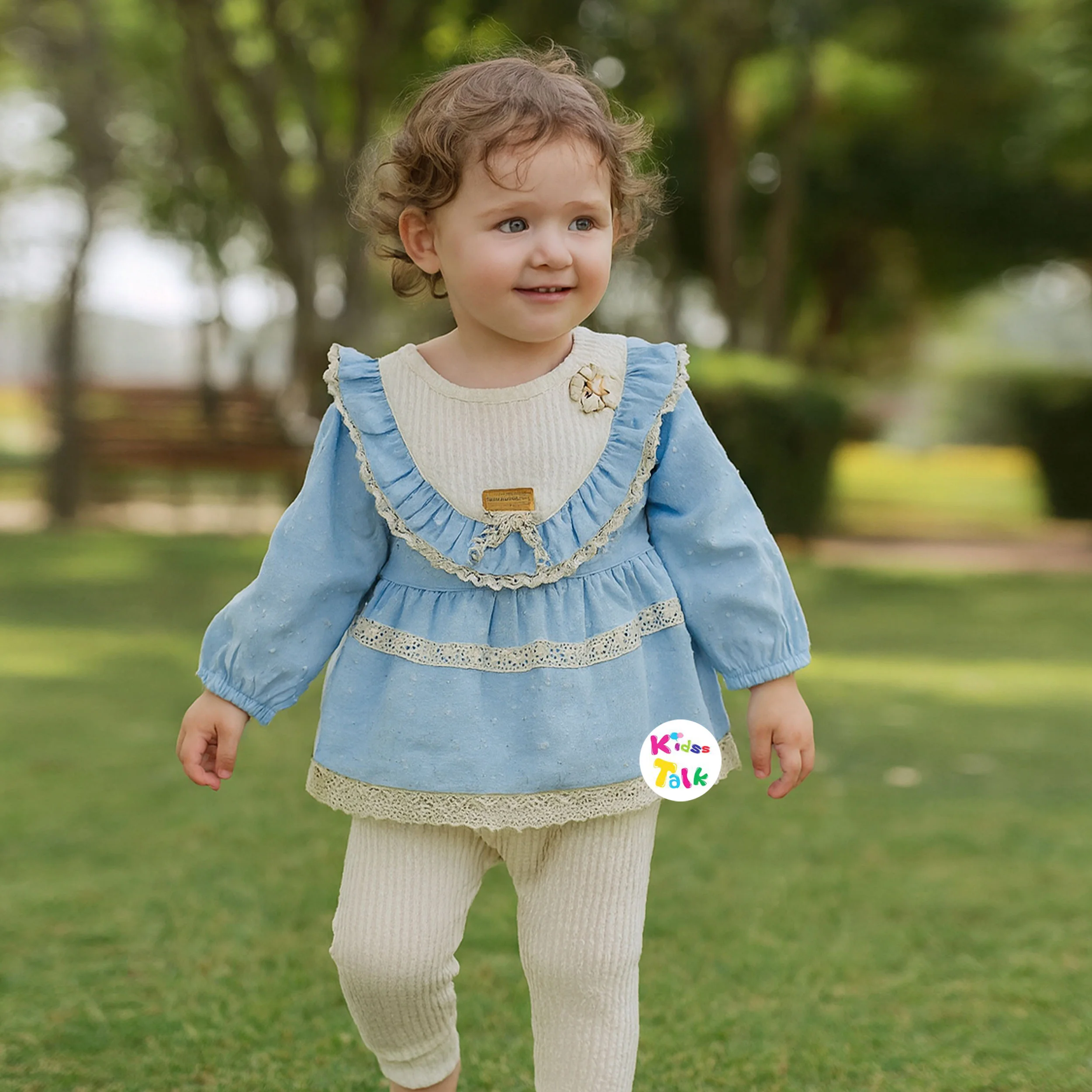 Cotton Full Sleeve Frock With Lace Work & Leggings - Blue