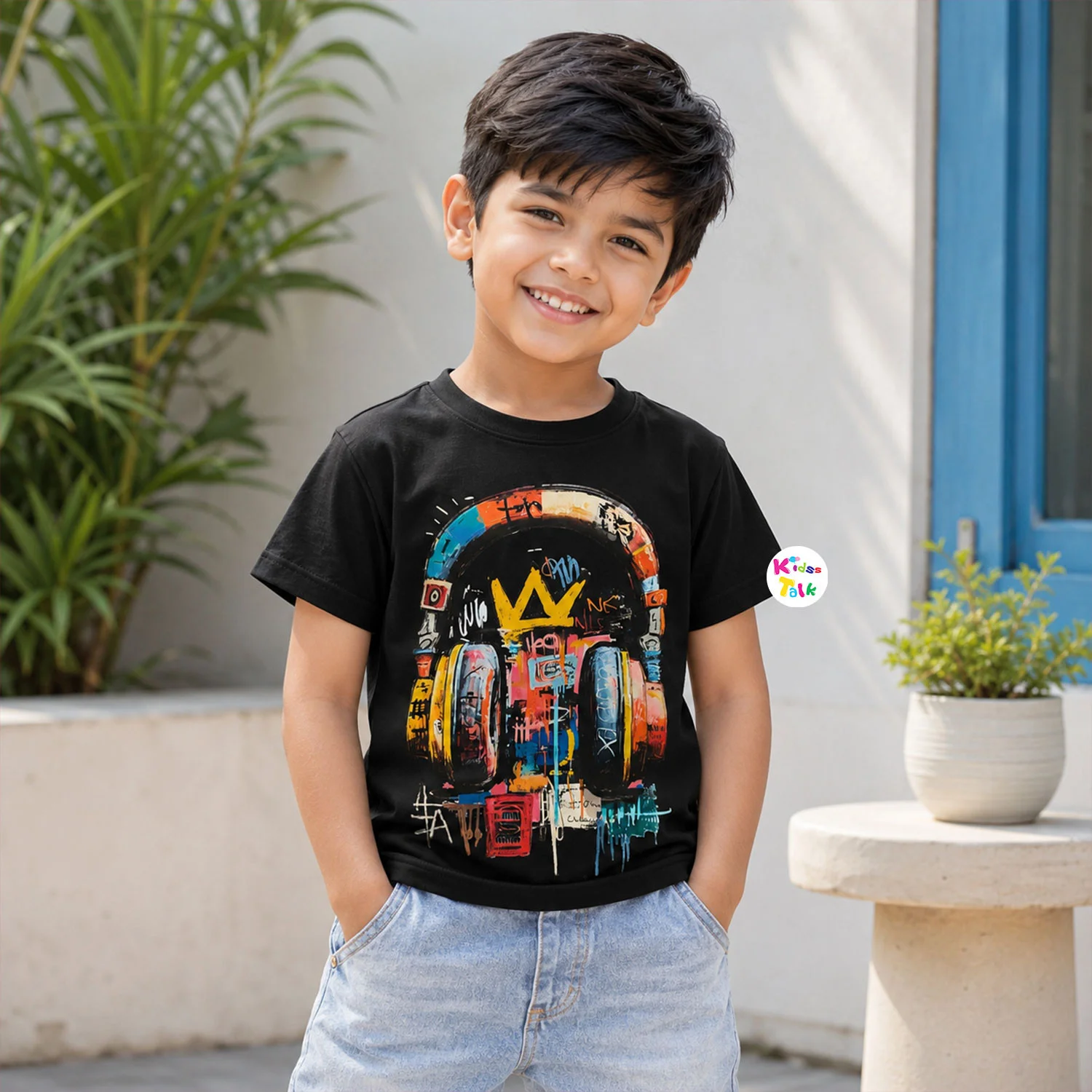 Cotton Knitted Half Sleeve Printed T-shirt - Black