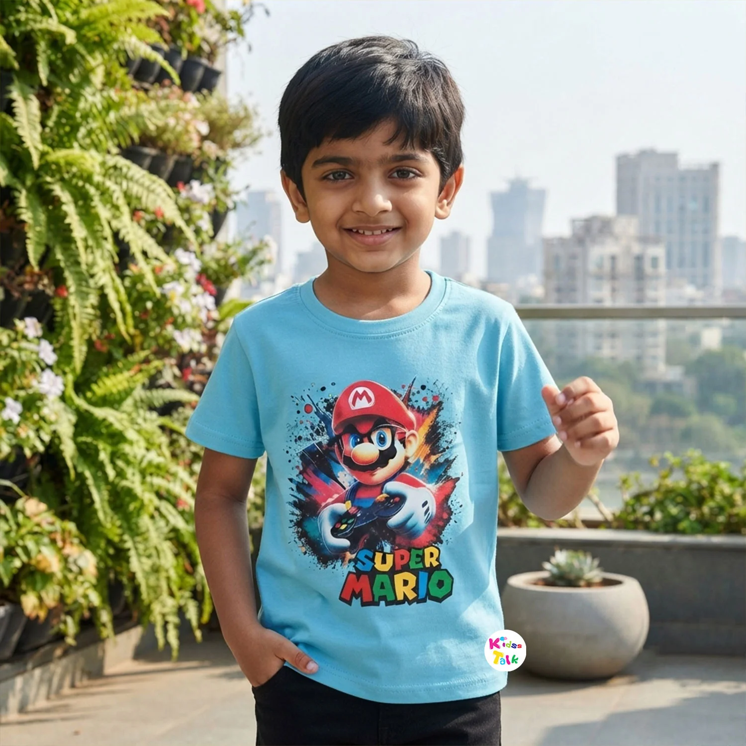 Cotton Knitted Half Sleeve Printed T-shirt - Ice Blue