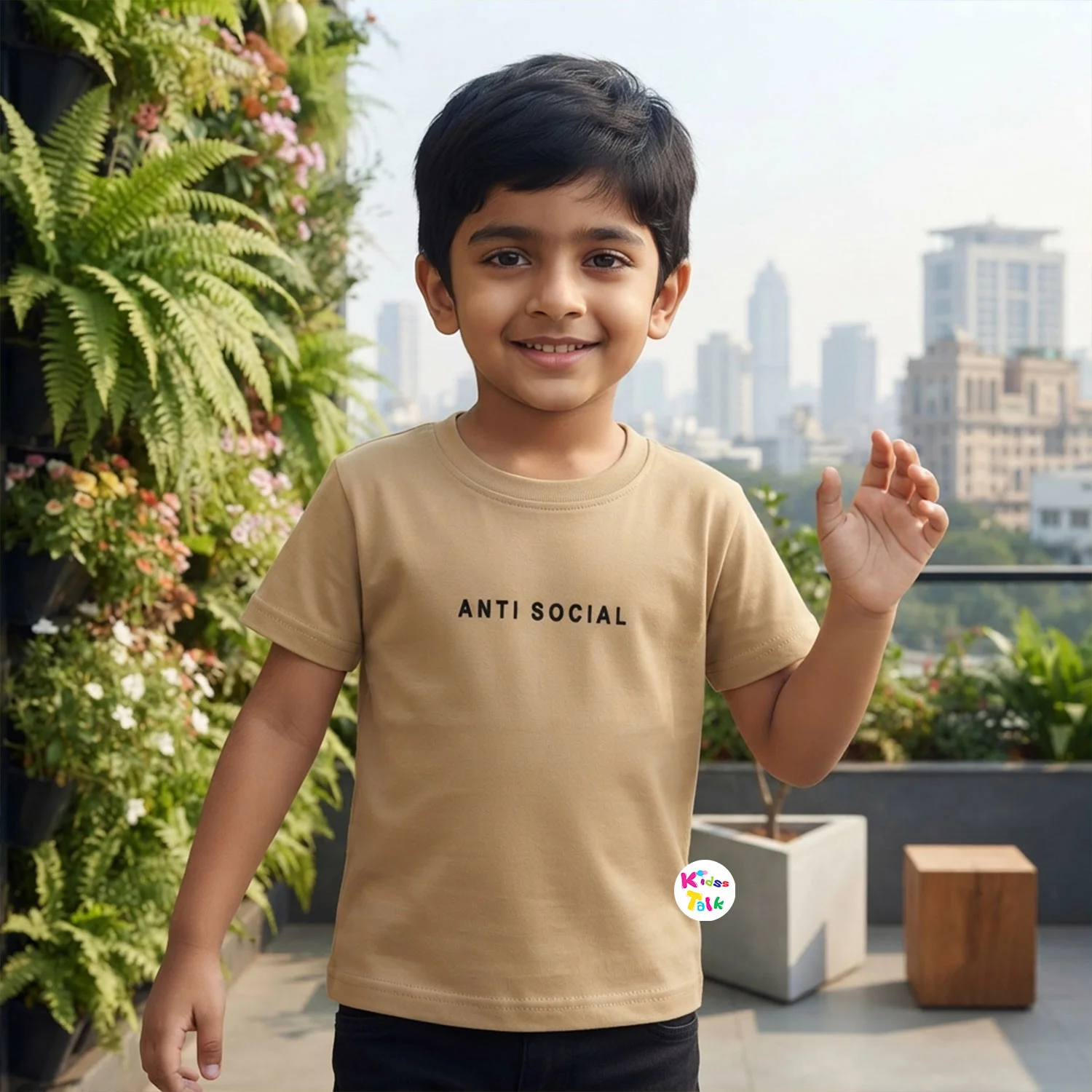 Cotton Knitted Half Sleeve Printed T-shirt - Beige