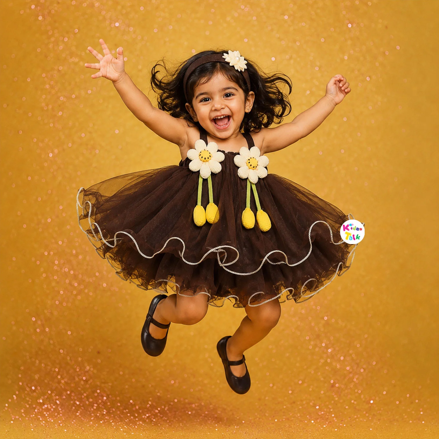 Satin Sleeveless Party Frock With Flower Applique - Brown