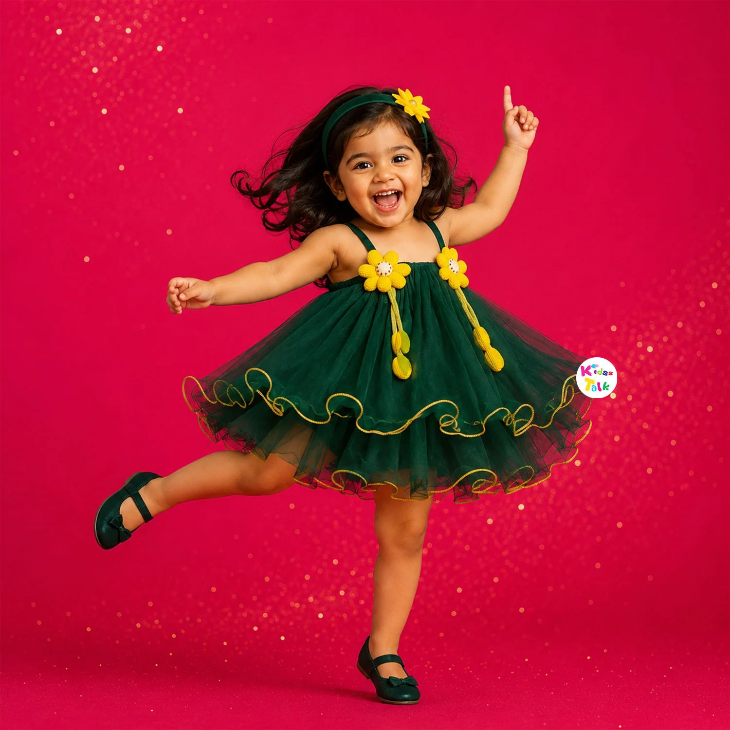 Net Sleeveless Party Frock With Flower Applique - Green