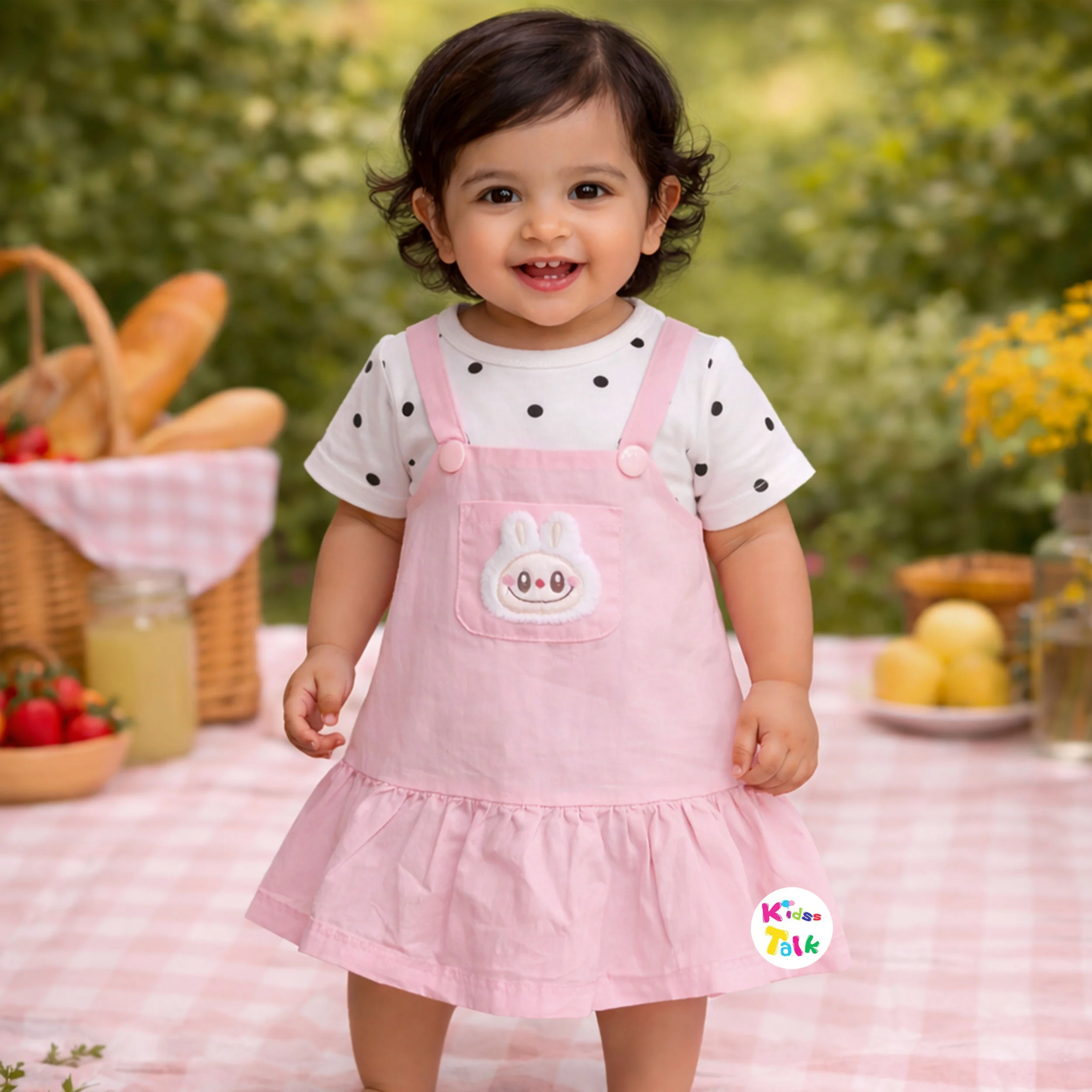 Cute Cotton Half Sleeve Printed Frock- Baby Pink