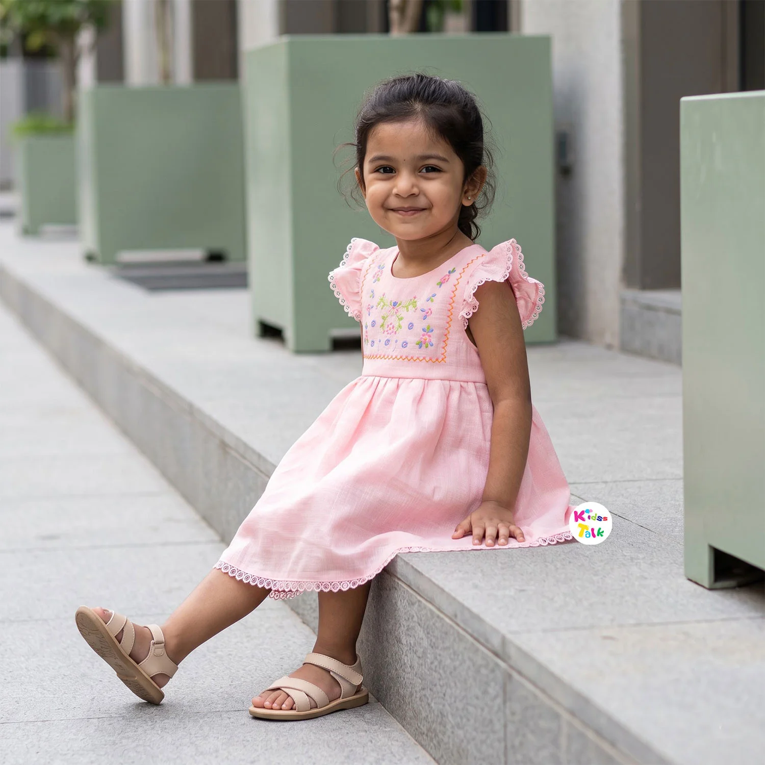 Cotton Ruffle Sleeve Frock With Floral Embroidered Yoke - Baby Pink