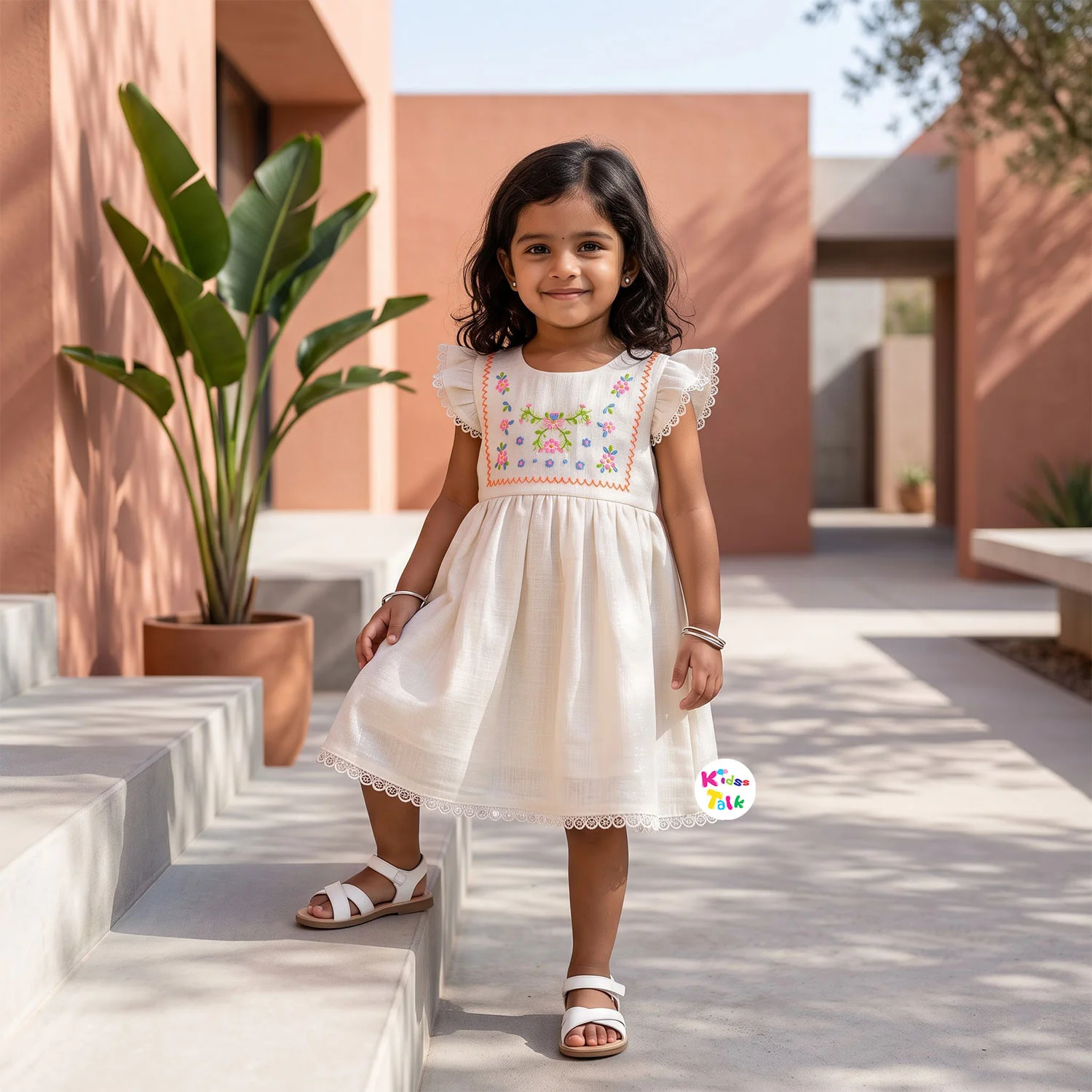 Cotton Ruffle Sleeve Frock With Floral Embroidered Yoke - Cream