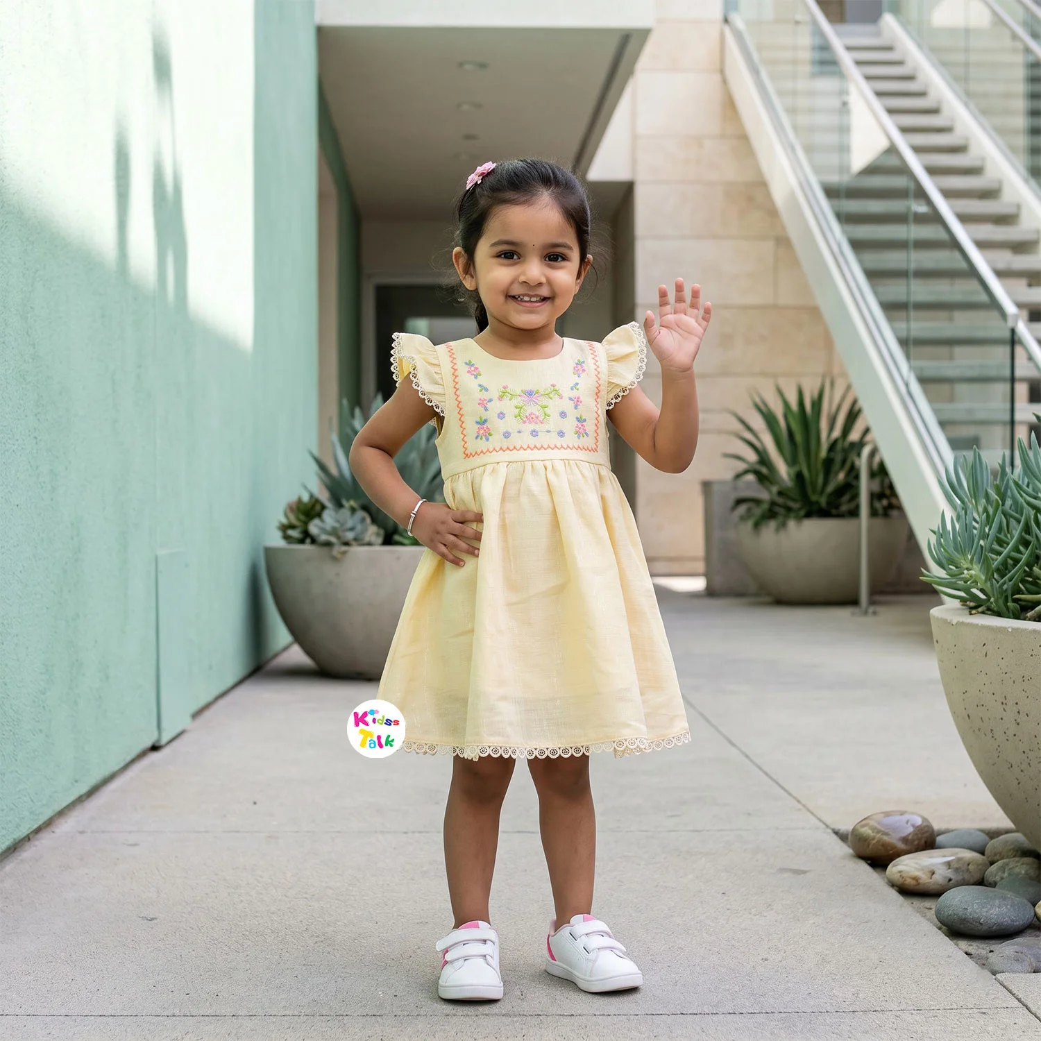 Cotton Ruffle Sleeve Frock With Floral Embroidered Yoke - Lemon Yellow