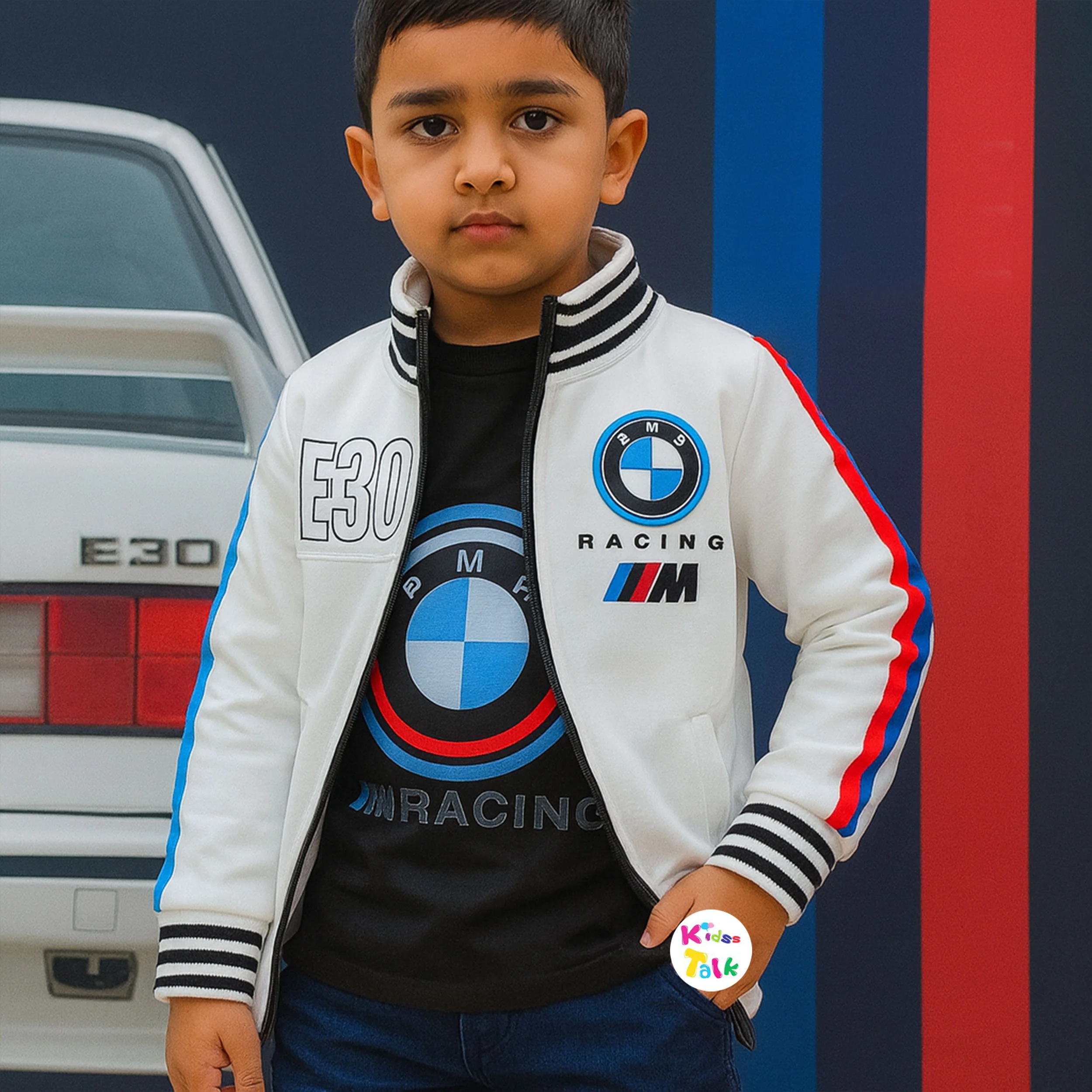 Poly Blend Full Sleeve Jacket With Printed T-shirt - White