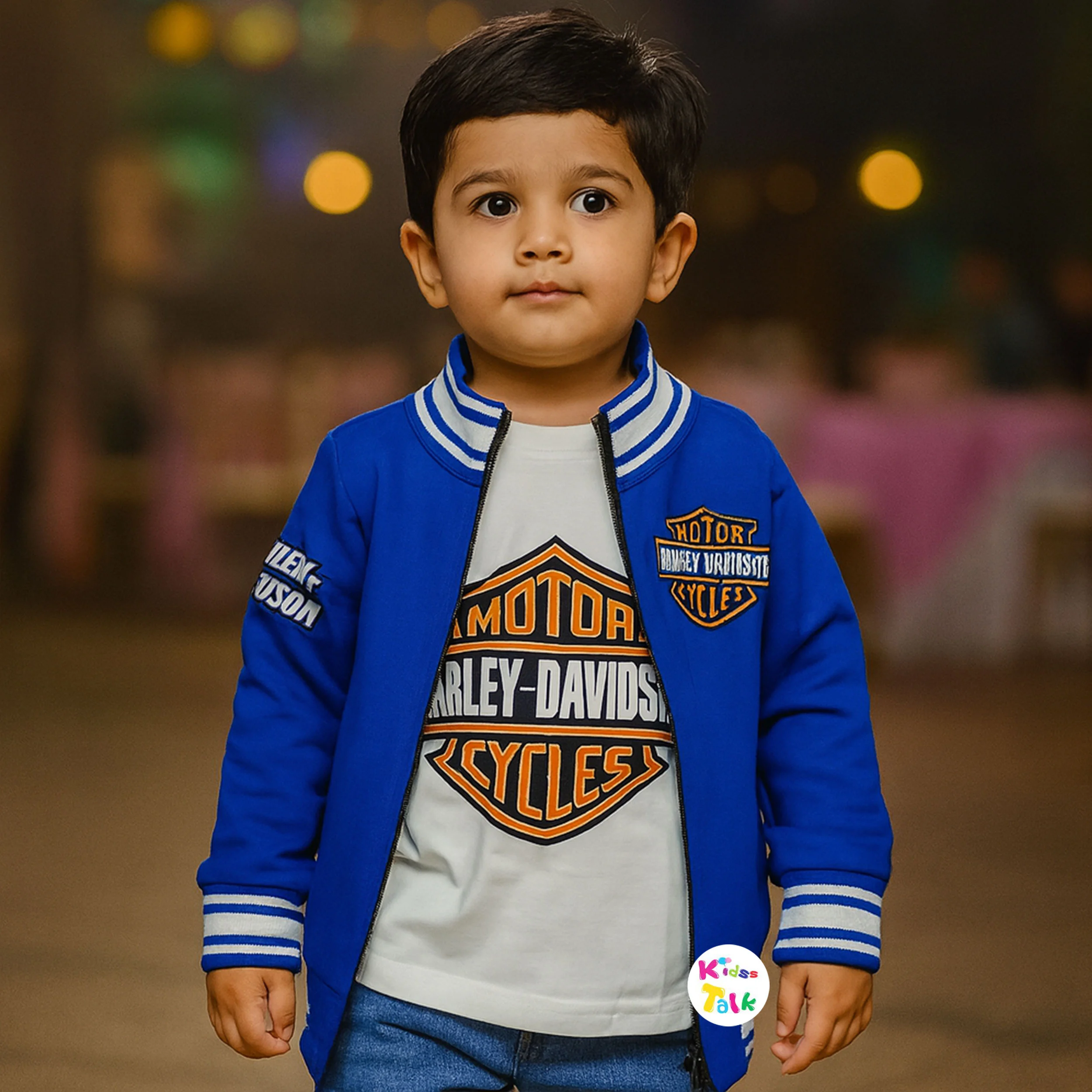 Poly Blend Full Sleeve Jacket With Printed T-shirt -blue