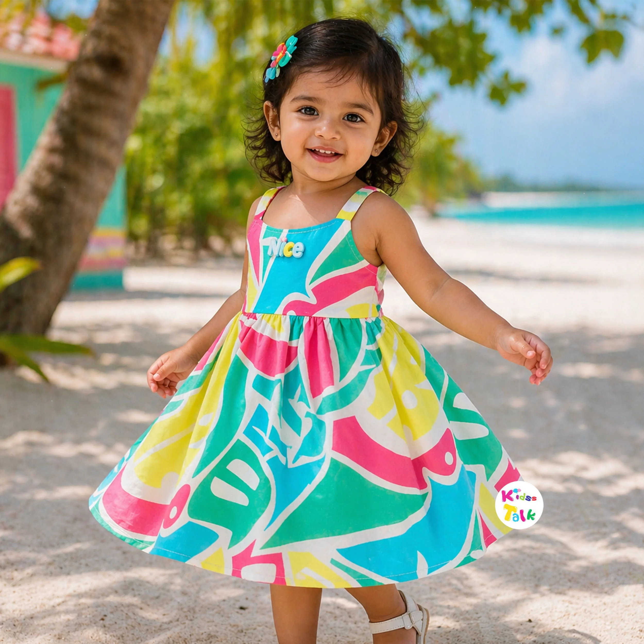 Cute Cotton Sleeveless Printed Frock - Ice Blue