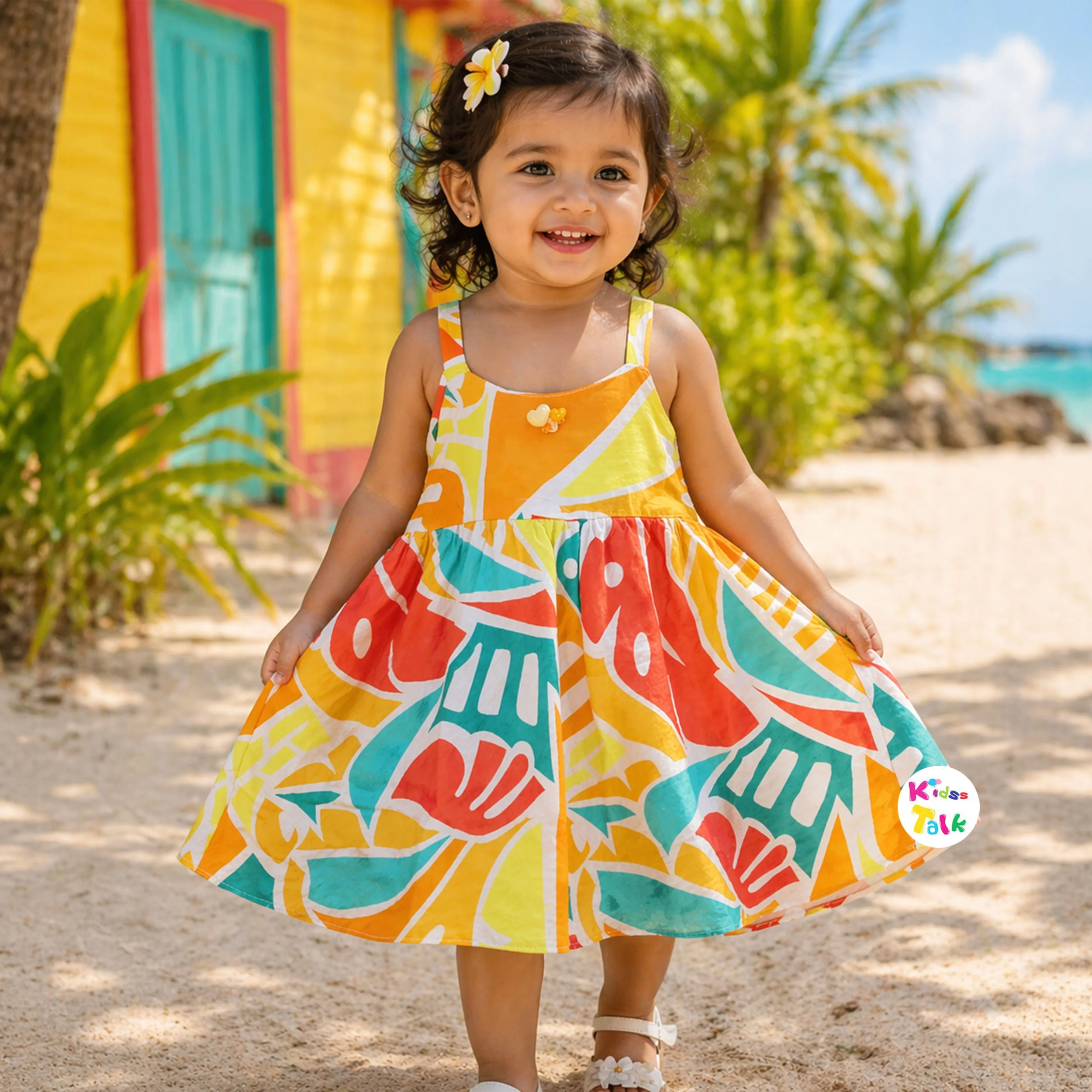 Cute Cotton Sleeveless Printed Frock - Orange