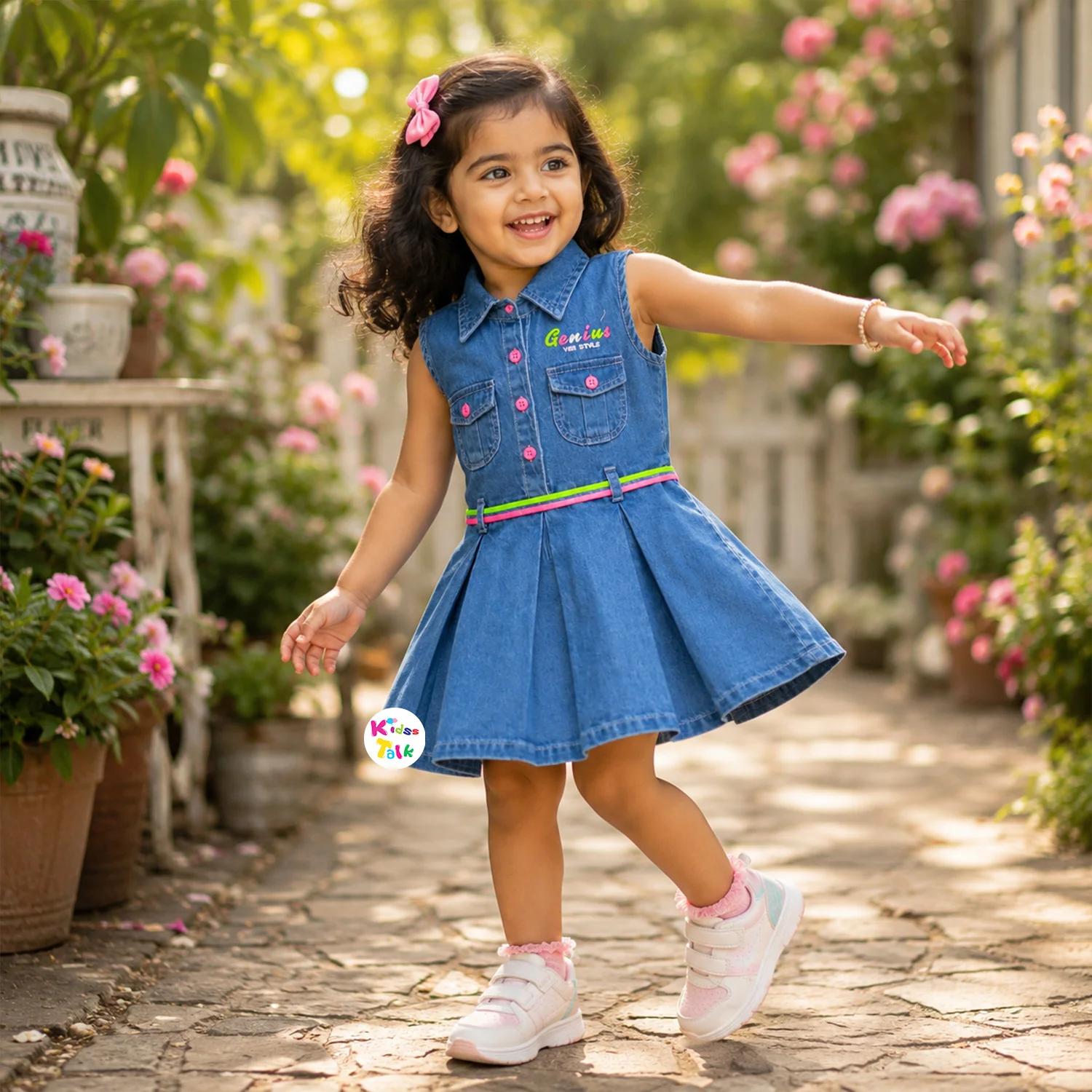Denim Sleeveless Frock With Cute Print - Ice Blue