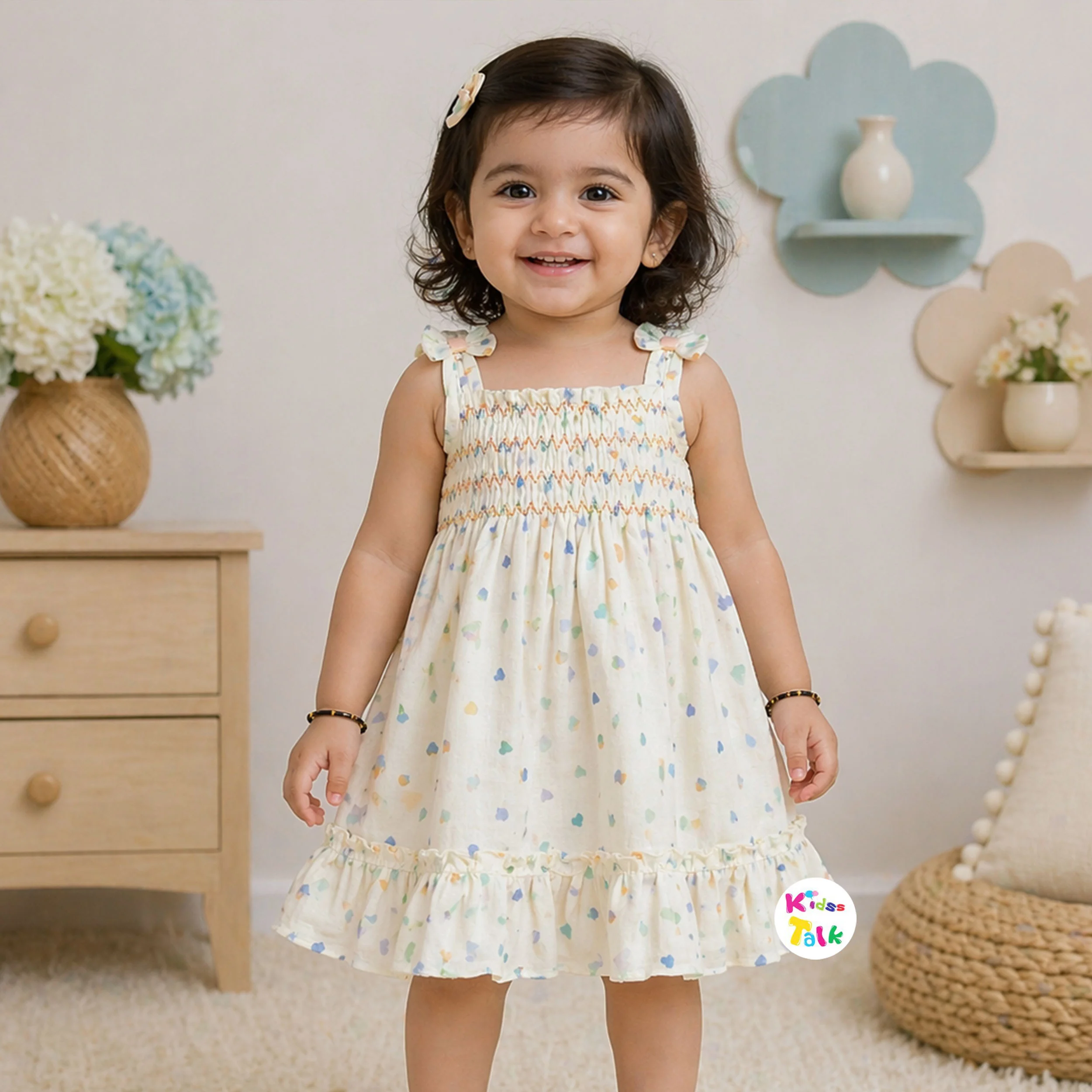 Cute Muslin Sleeveless Frock With Embroidered - Cream