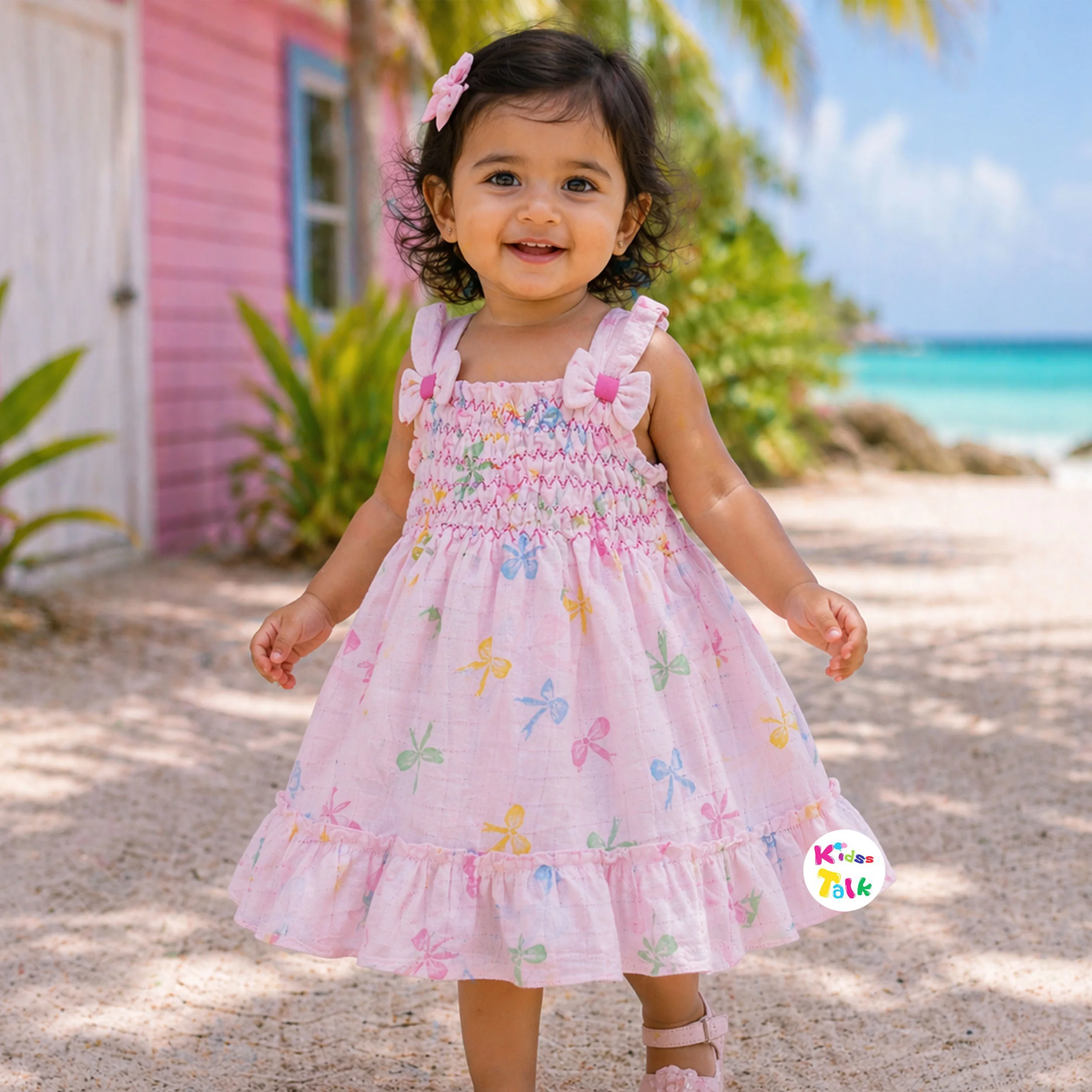 Cute Muslin Sleeveless Frock With Embroidered - Baby Pink