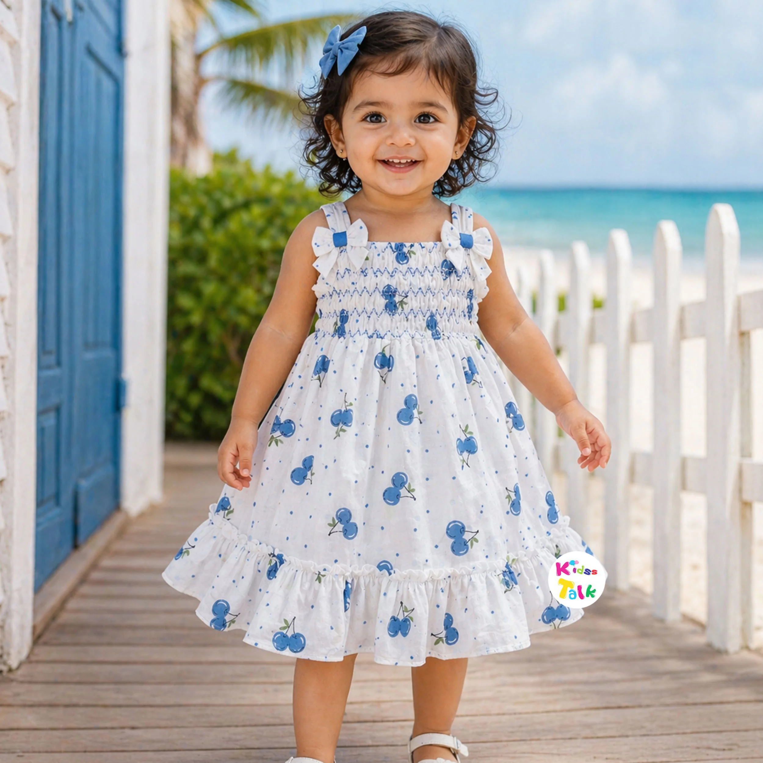 Cute Muslin Sleeveless Frock With Embroidered - Blue