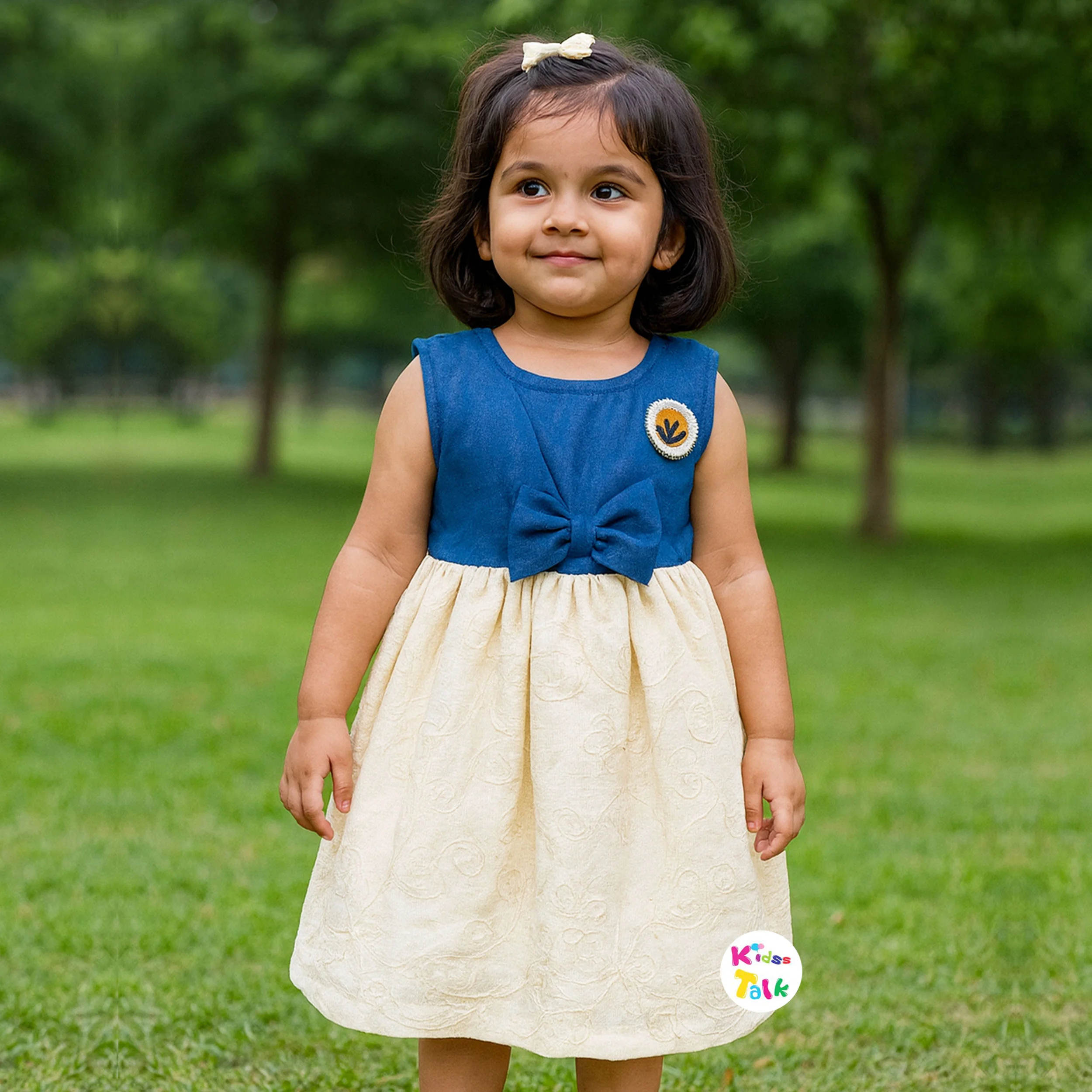 Cotton Sleeveless Frock With Embroidered - Denim Blue