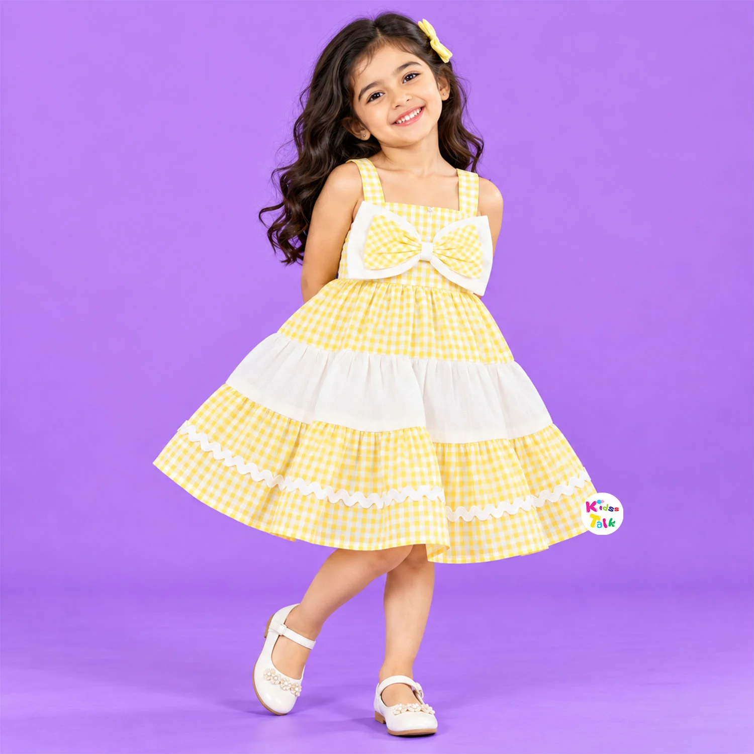 Cotton Sleeveless Tiered Frock With Bow - Lemon Yellow