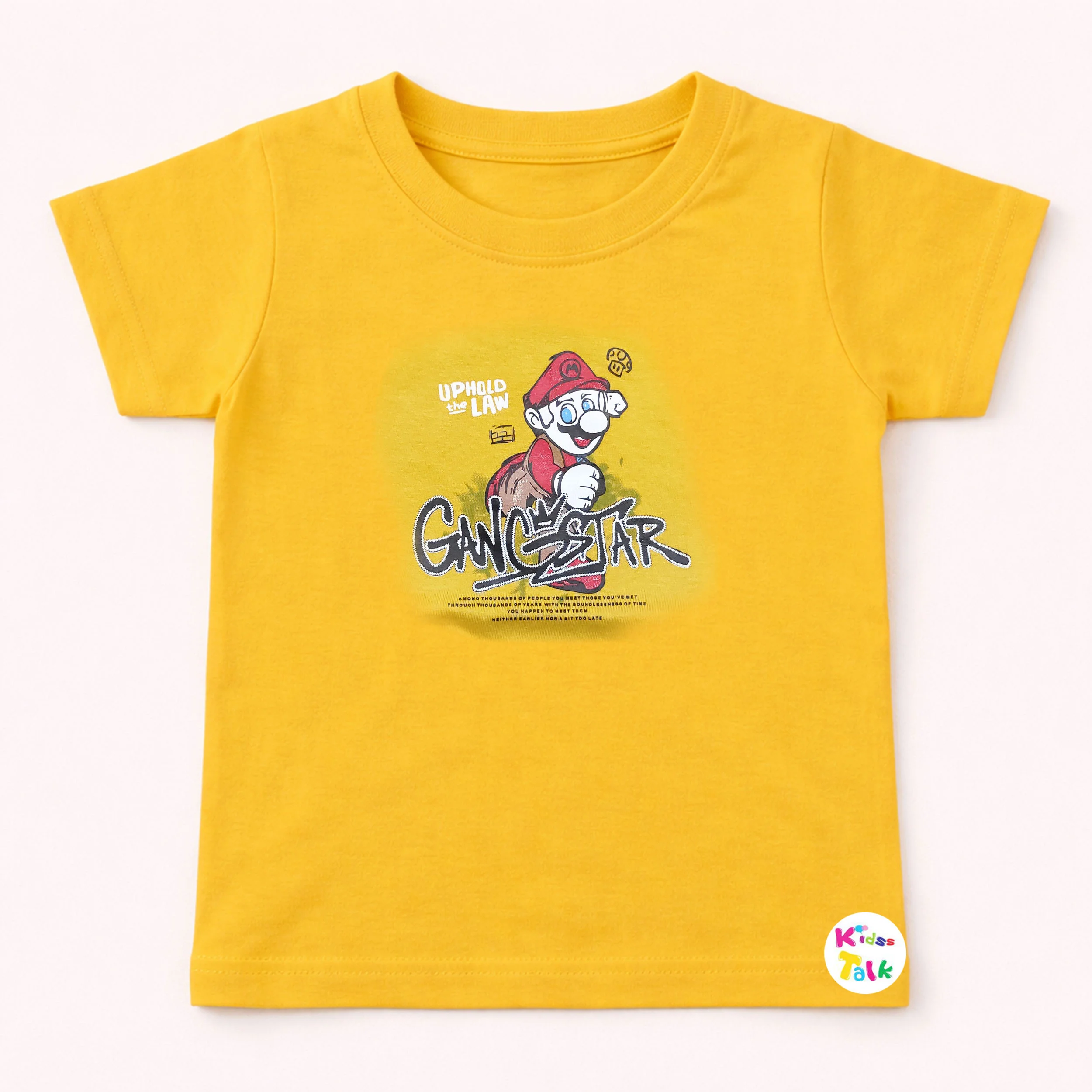 Cotton Knitted Half Sleeve T-shirt With Cute Print - Mustard
