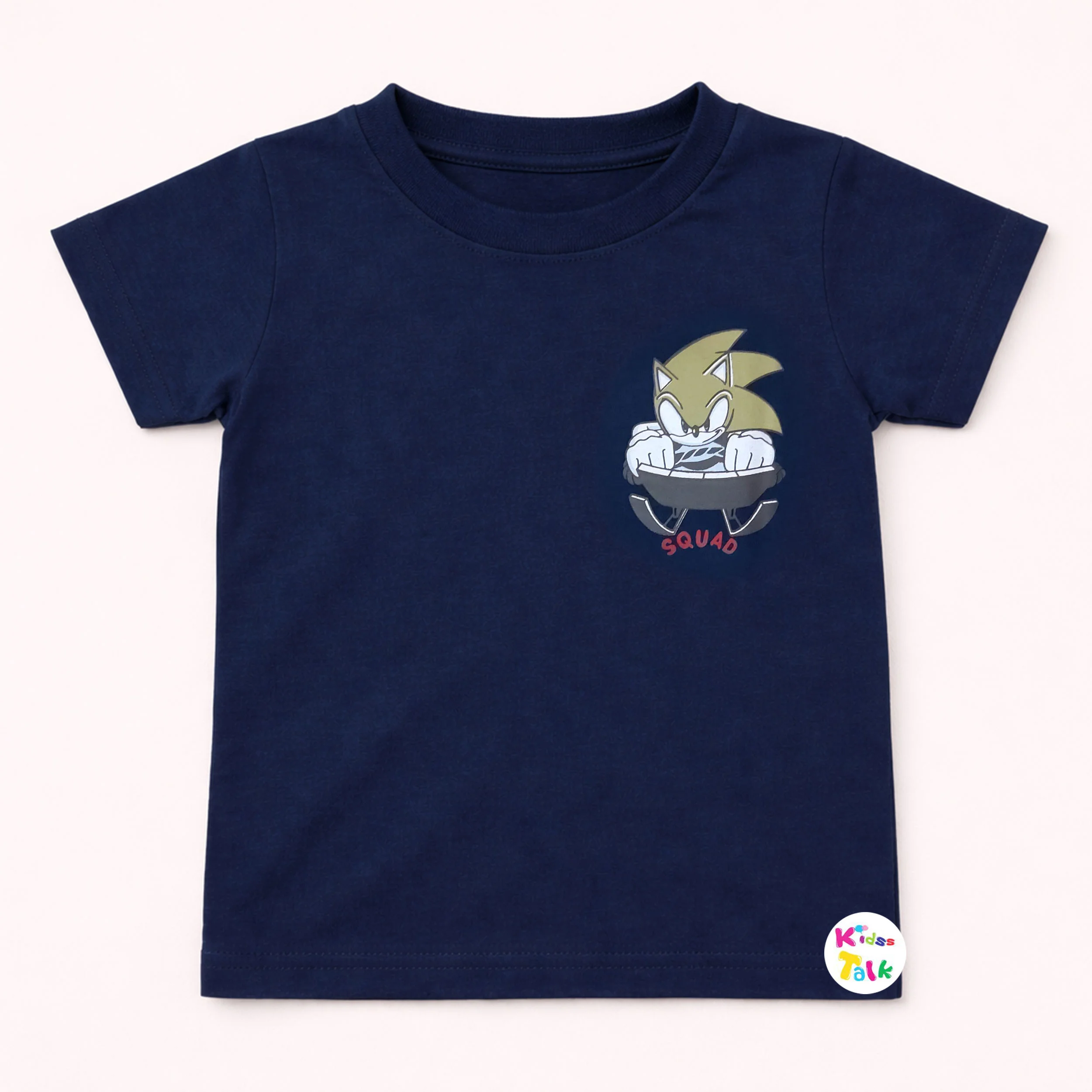 Cotton Knitted Half Sleeve T-shirt With Cute Print - Navy Blue