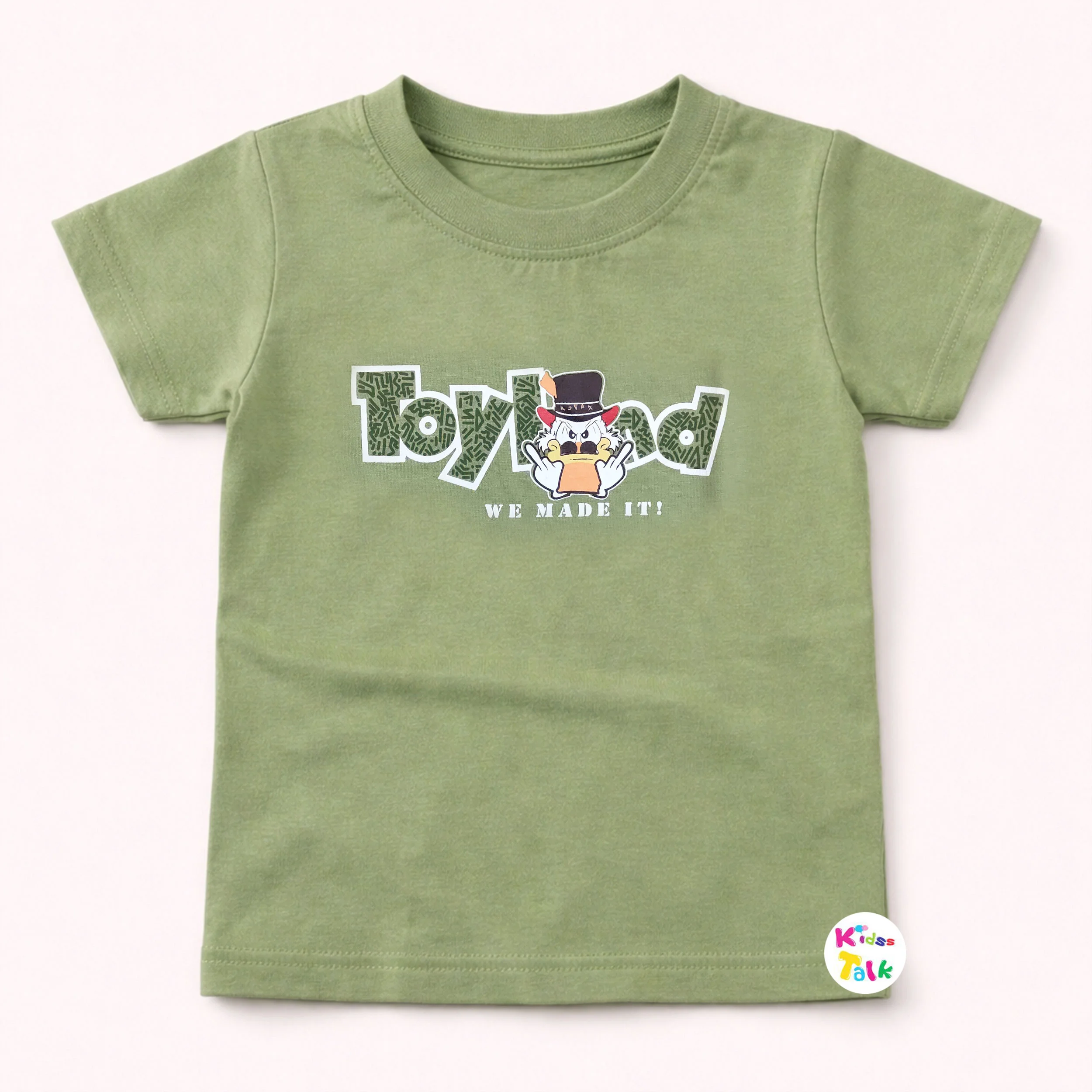 Cotton Knitted Half Sleeve T-shirt With Cute Print - Olive Green