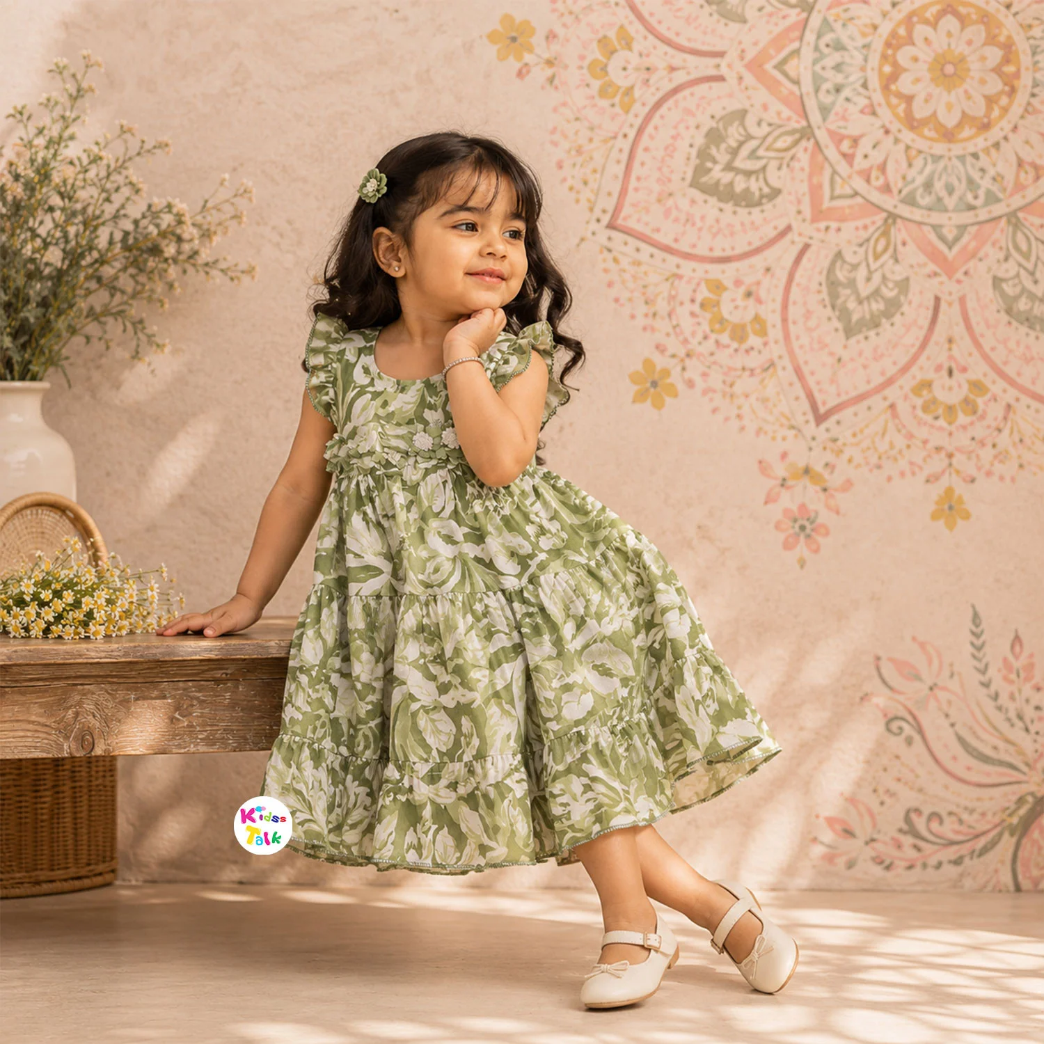 Cotton Half Sleeve Frock With Cute Floral Print - Green