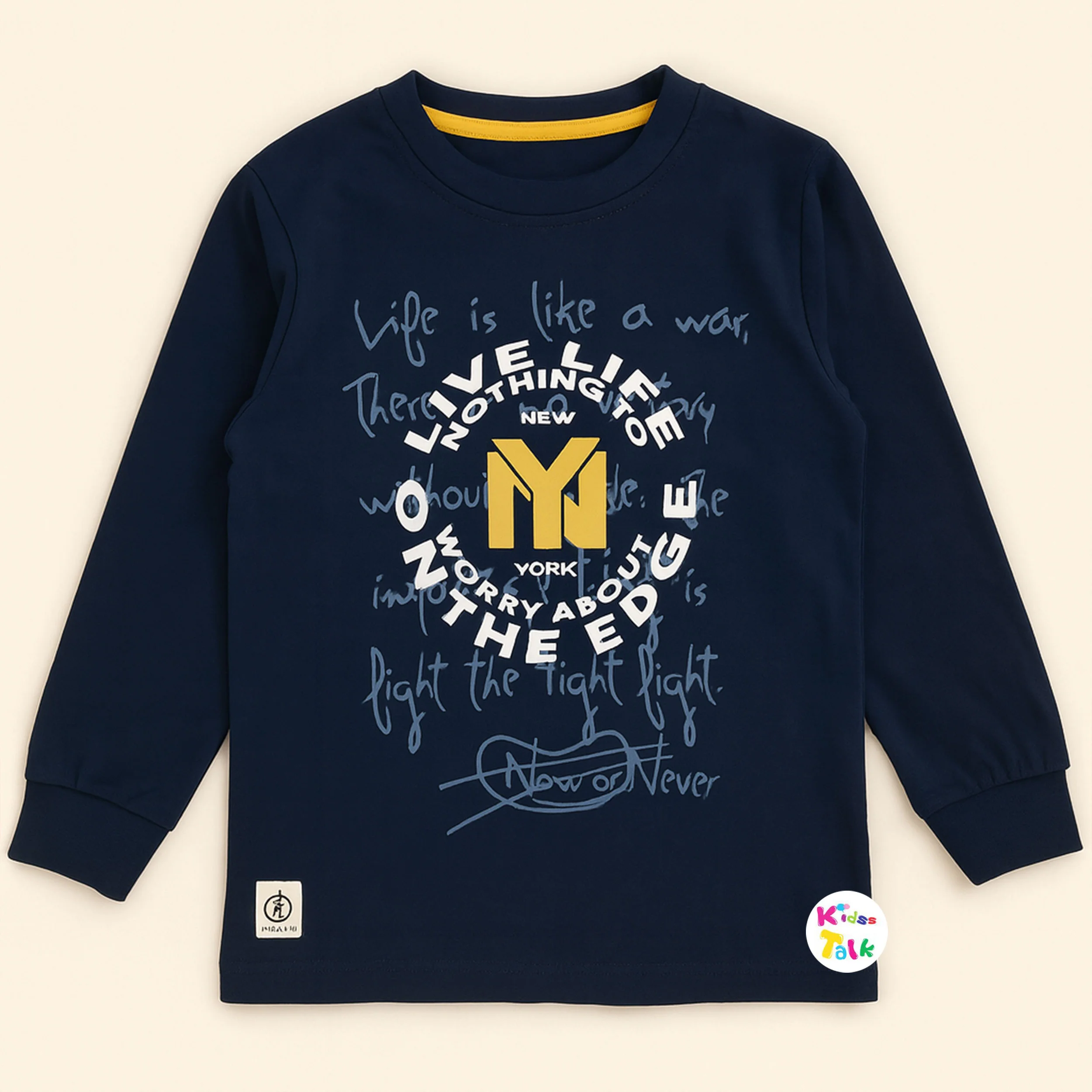 Cotton Knitted Full Sleeve Printed T-shirt - Navy Blue