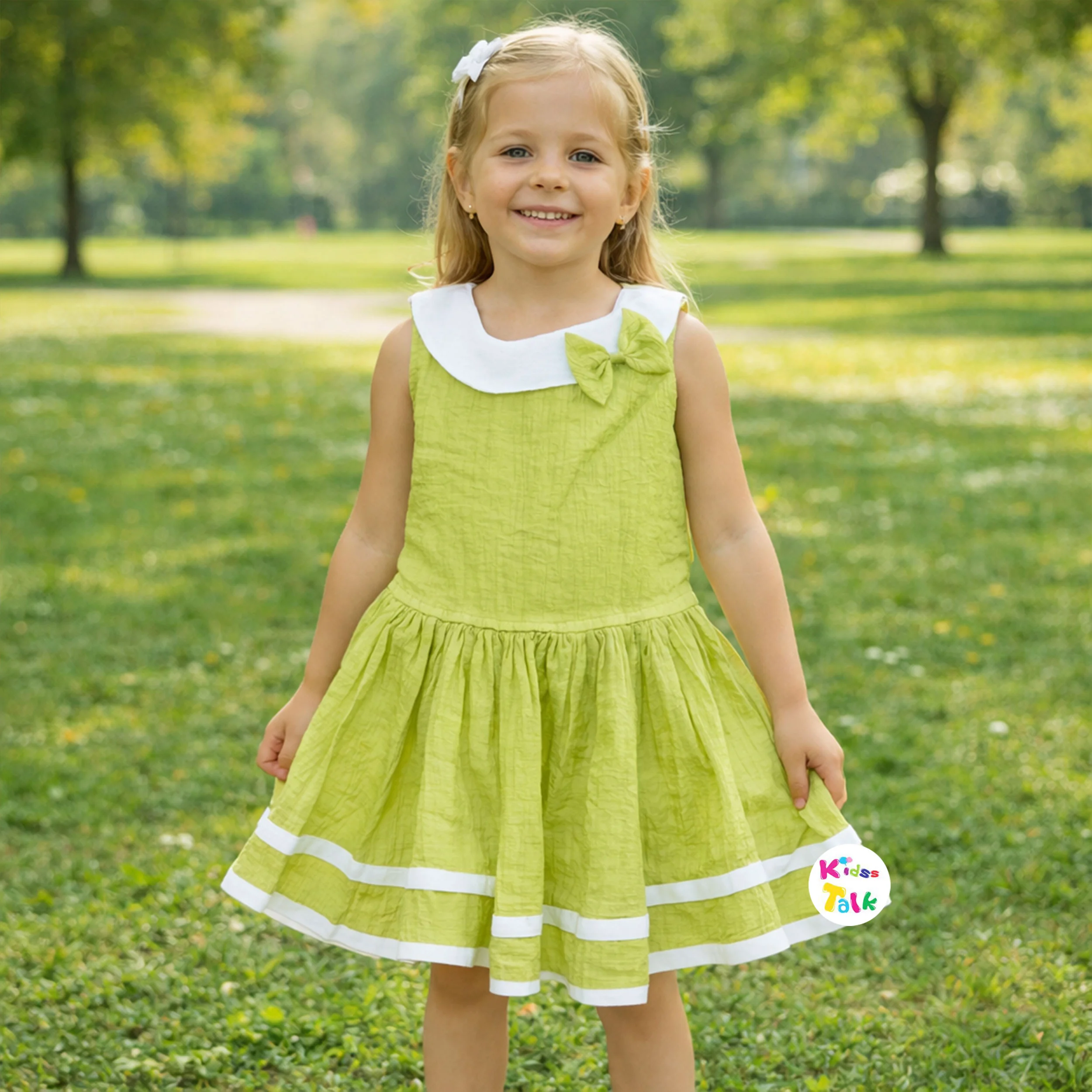Muslin Sleeveless Cute Bow Frock - Pista Green