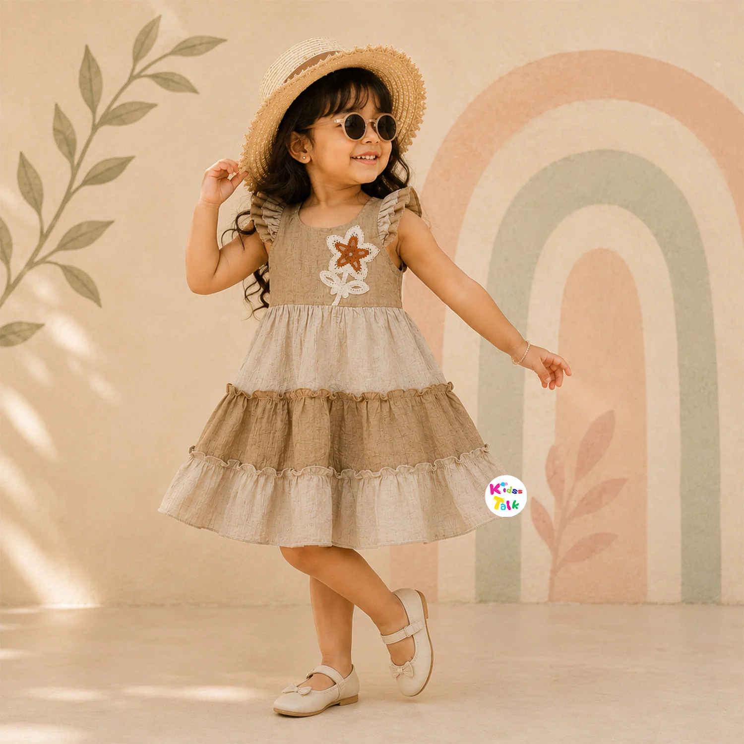 Cotton Sleeveless Frock With Cute Patch Work - Beige