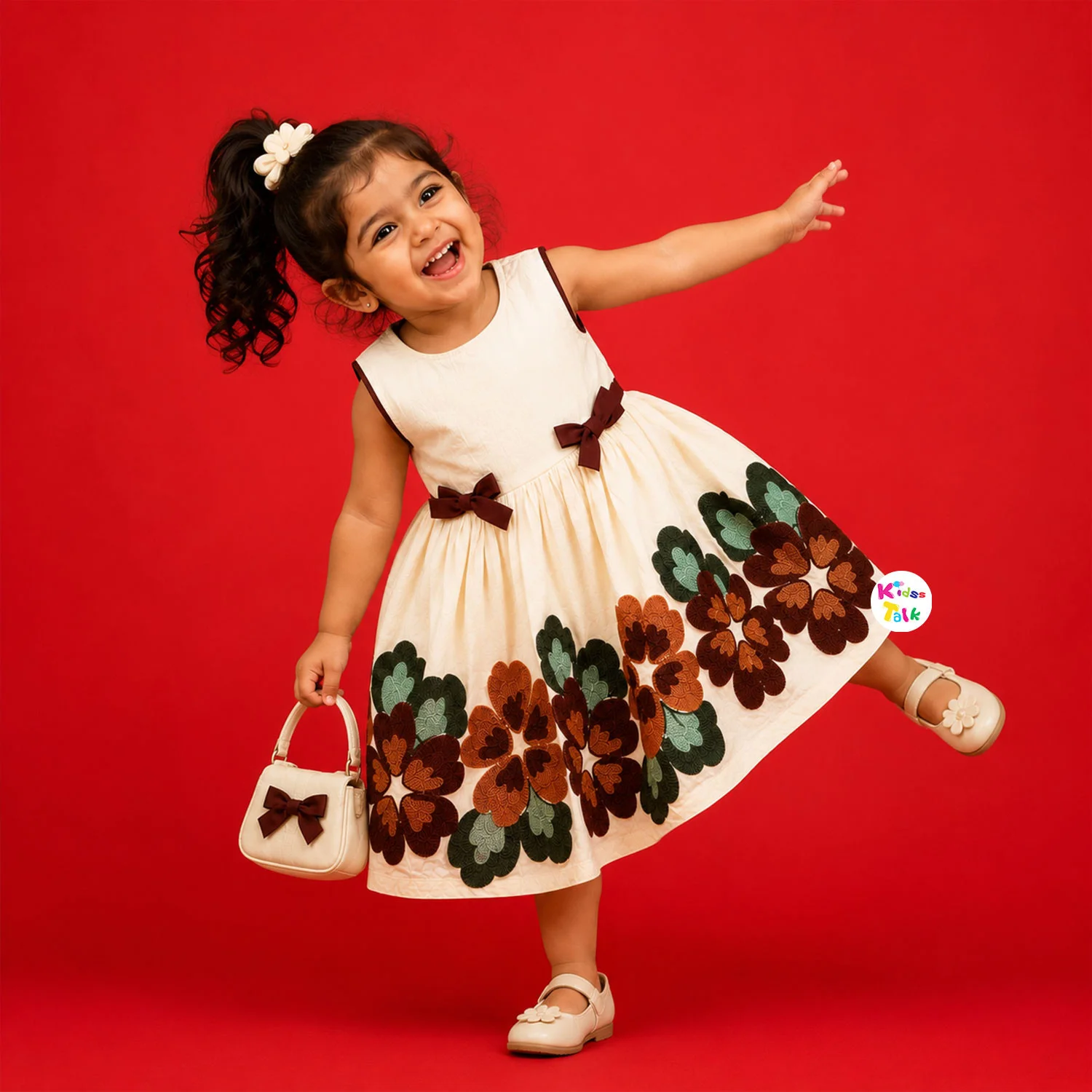 Cotton Sleeveless Frock With Embroidery - Brown