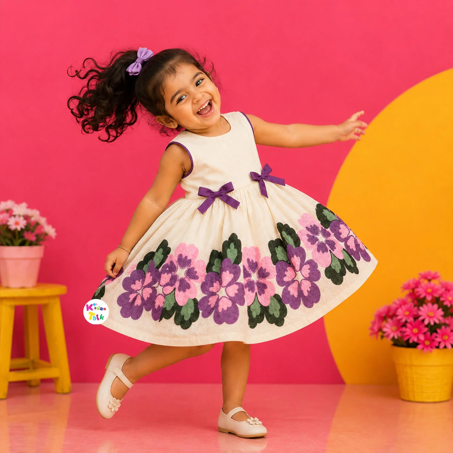 Cotton Sleeveless Frock With Embroidery - Purple