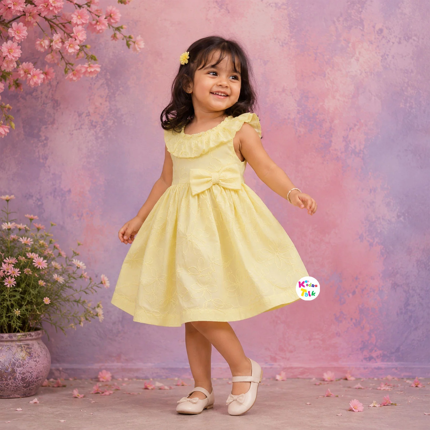 Cotton Sleeveless Frock With Embroidery - Lemon Yellow