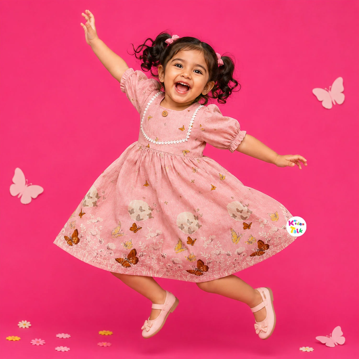 Cotton Half Sleeve Frock With Lace -pink