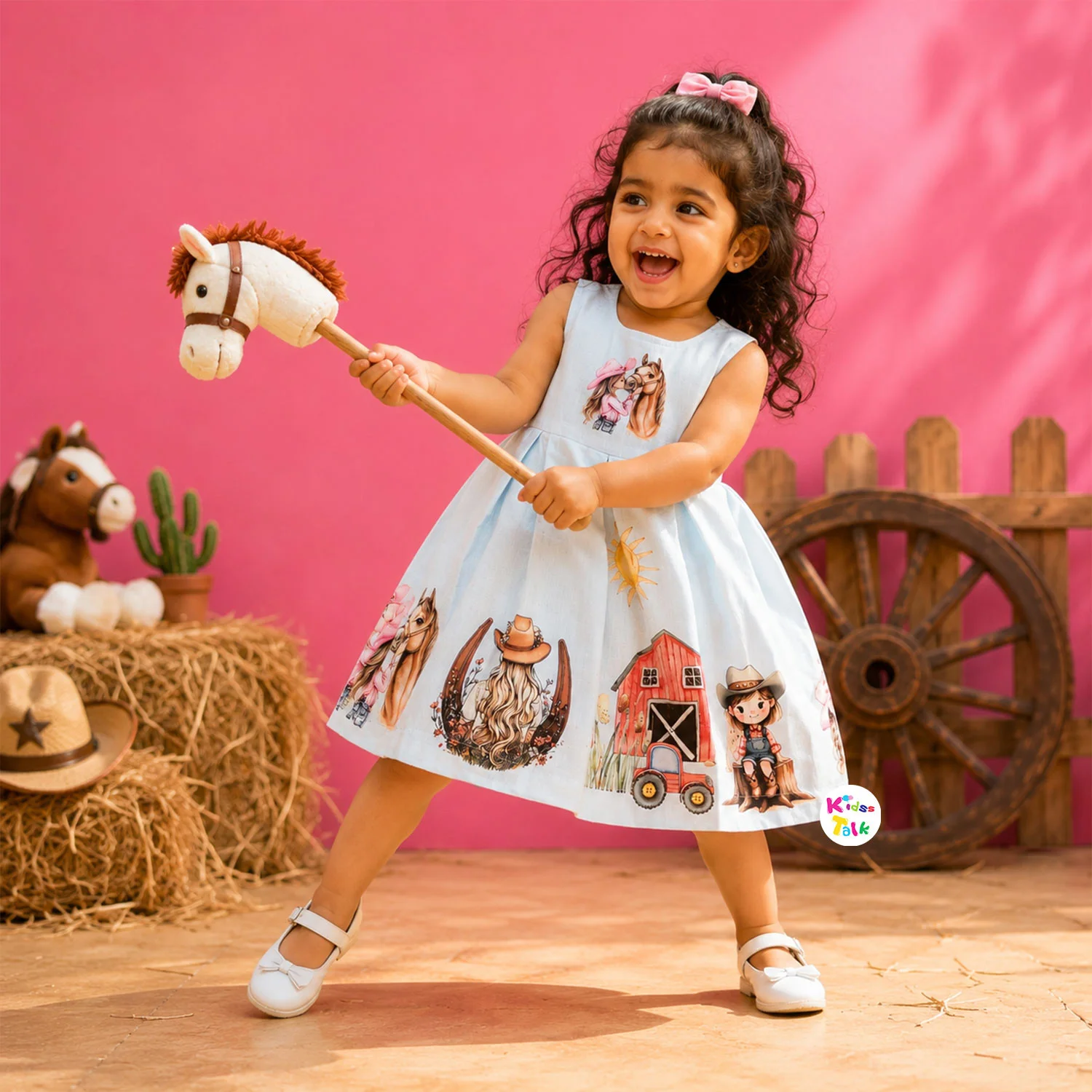 Cotton Sleeveless Frock With Pony Printed - Ice Blue