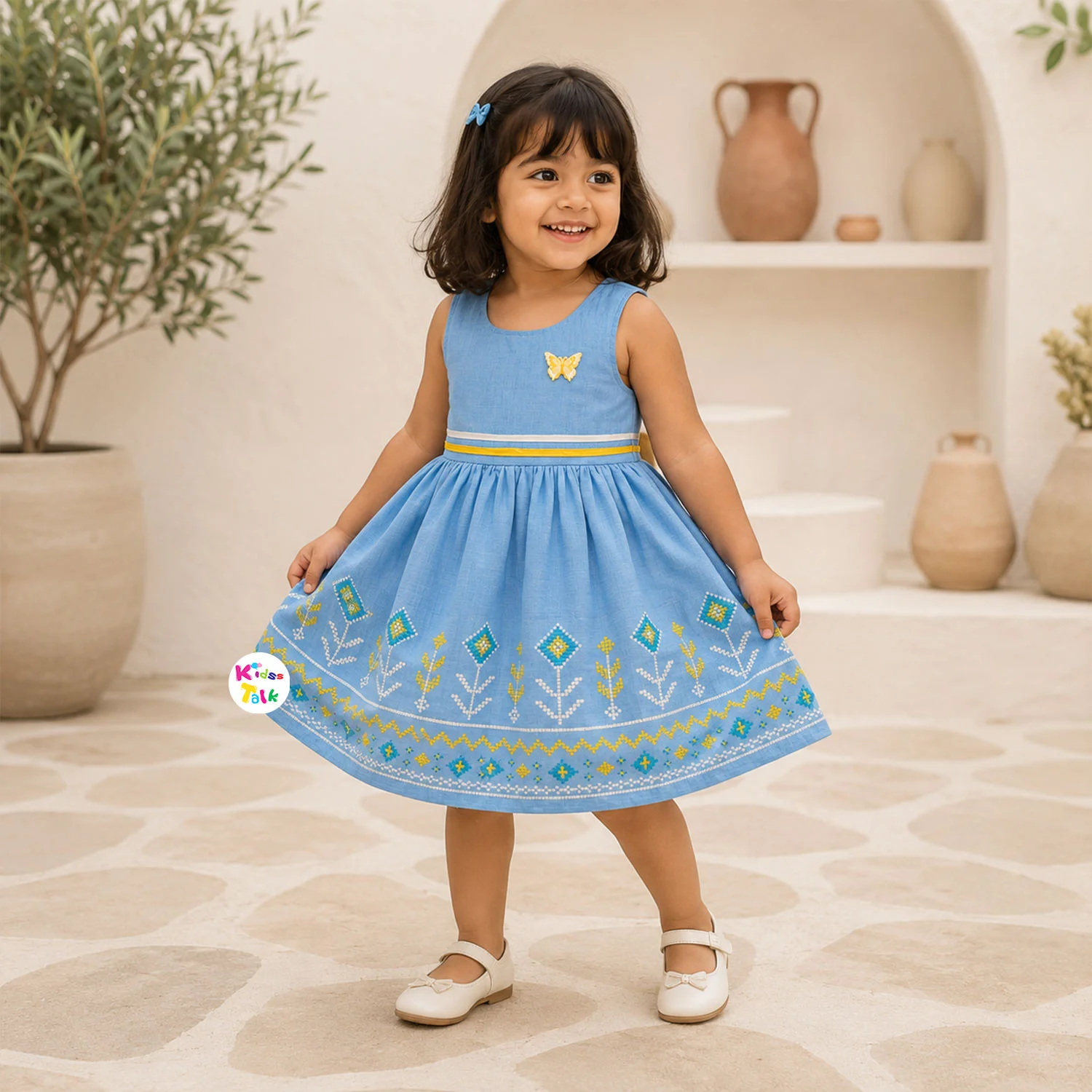 Cotton Sleeveless Frock With Cute Embroidery - Blue