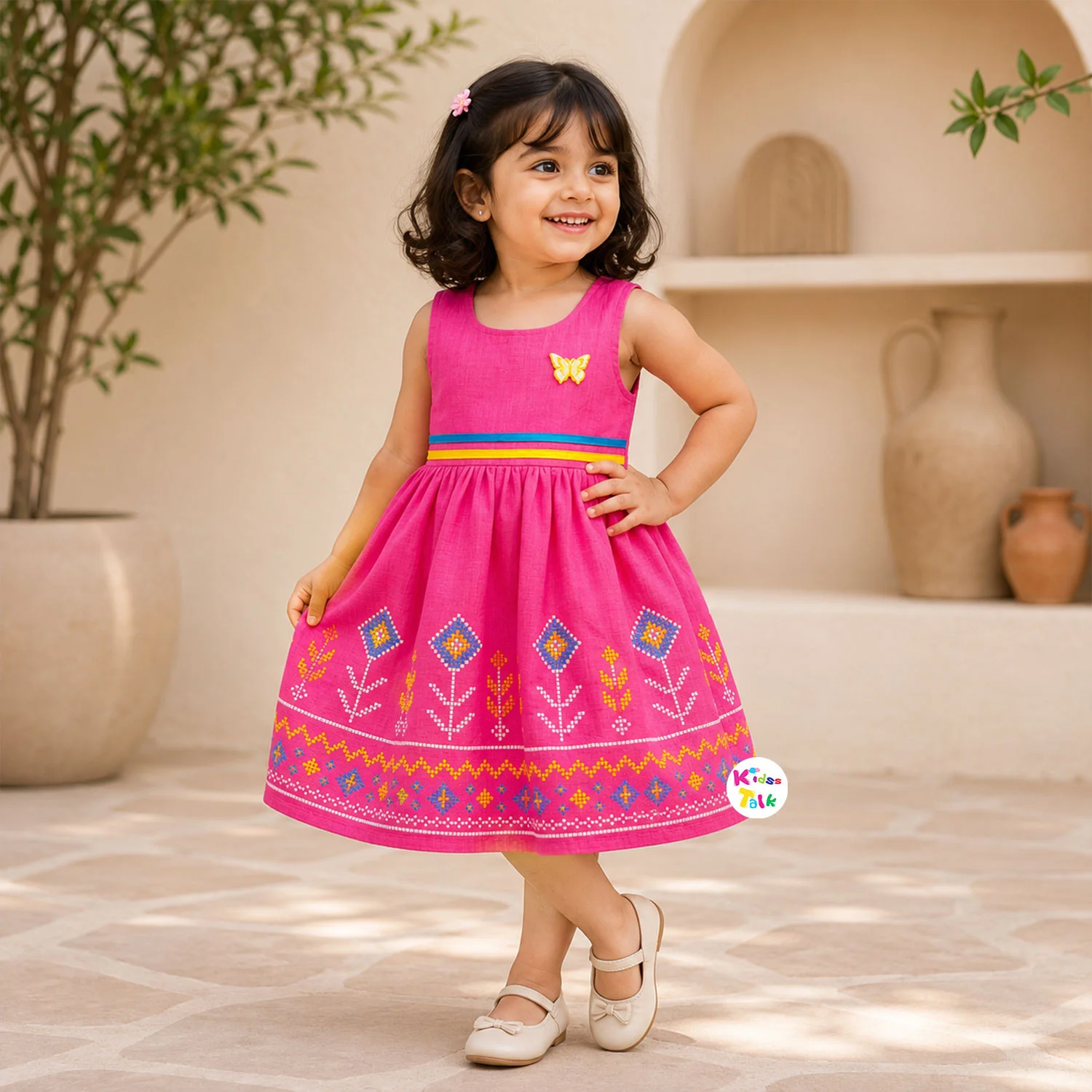 Cotton Sleeveless Frock With Cute Embroidery - Hot Pink