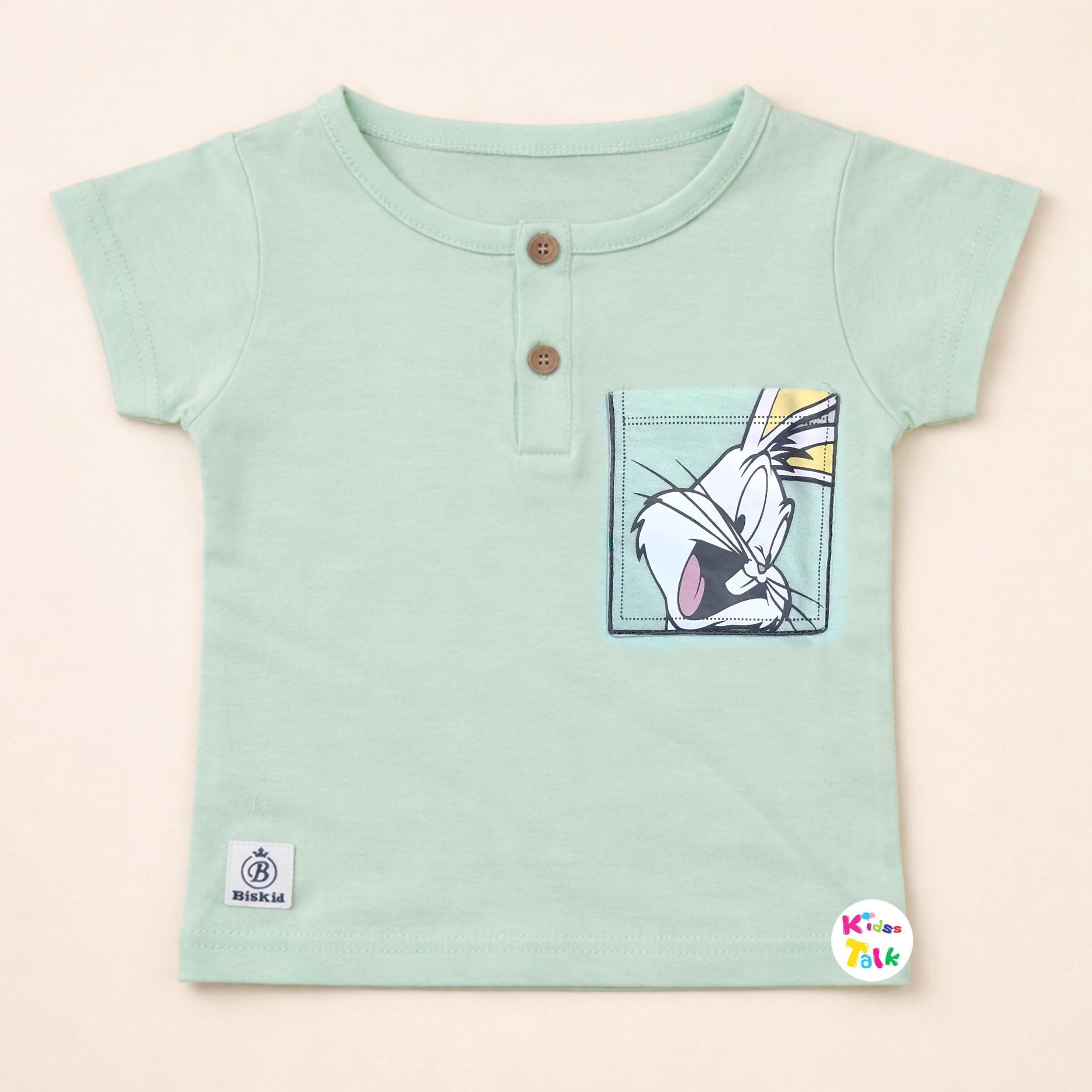 Cotton Knitted Half Sleeve T-shirt With Cute Print - Ice Blue