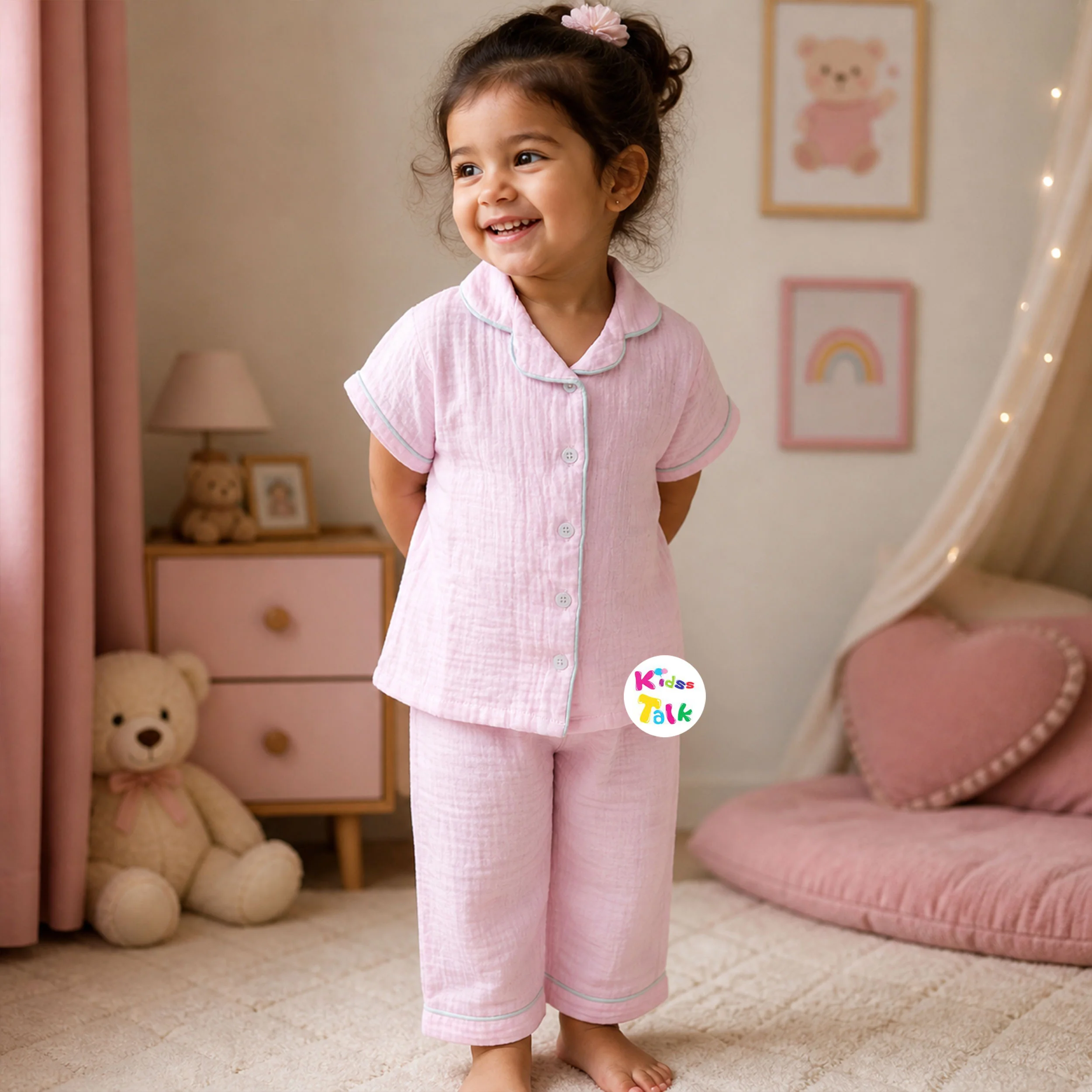 Soft Muslin Half Sleeve Night Suit - Baby Pink
