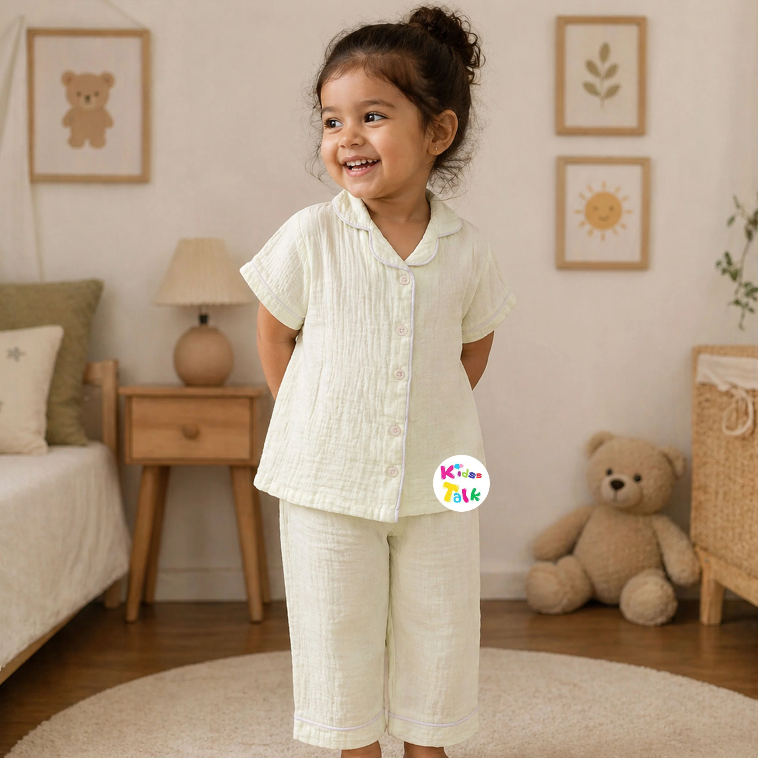 Soft Muslin Half Sleeve Night Suit - Lemon Yellow