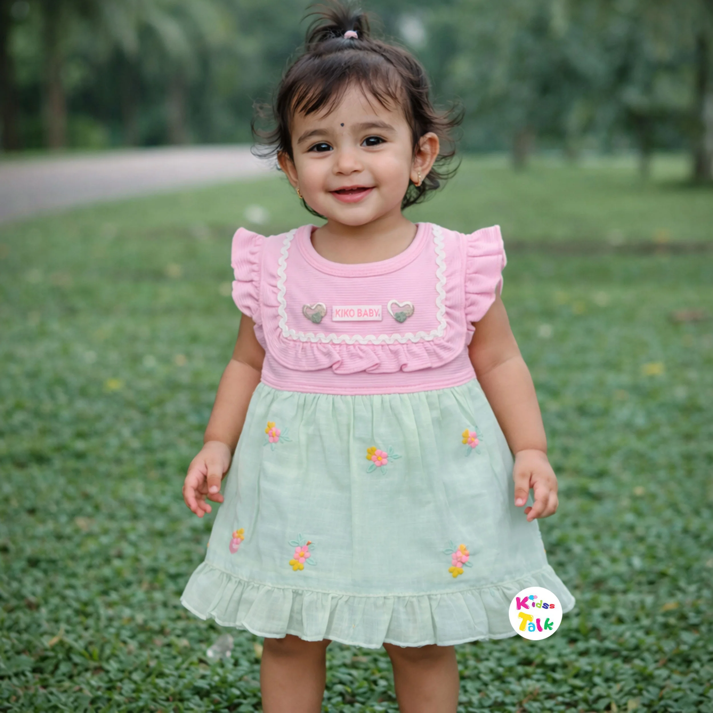 Cotton Knitted Half Sleeve Frock With Cute Patch Work - Baby Pink