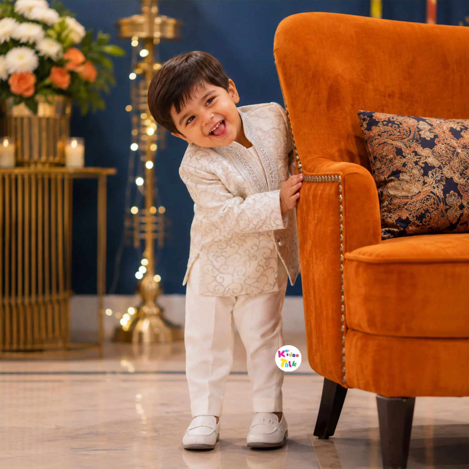 Velvet Solid Bead Work Full Sleeve Coat With Full Pant - White