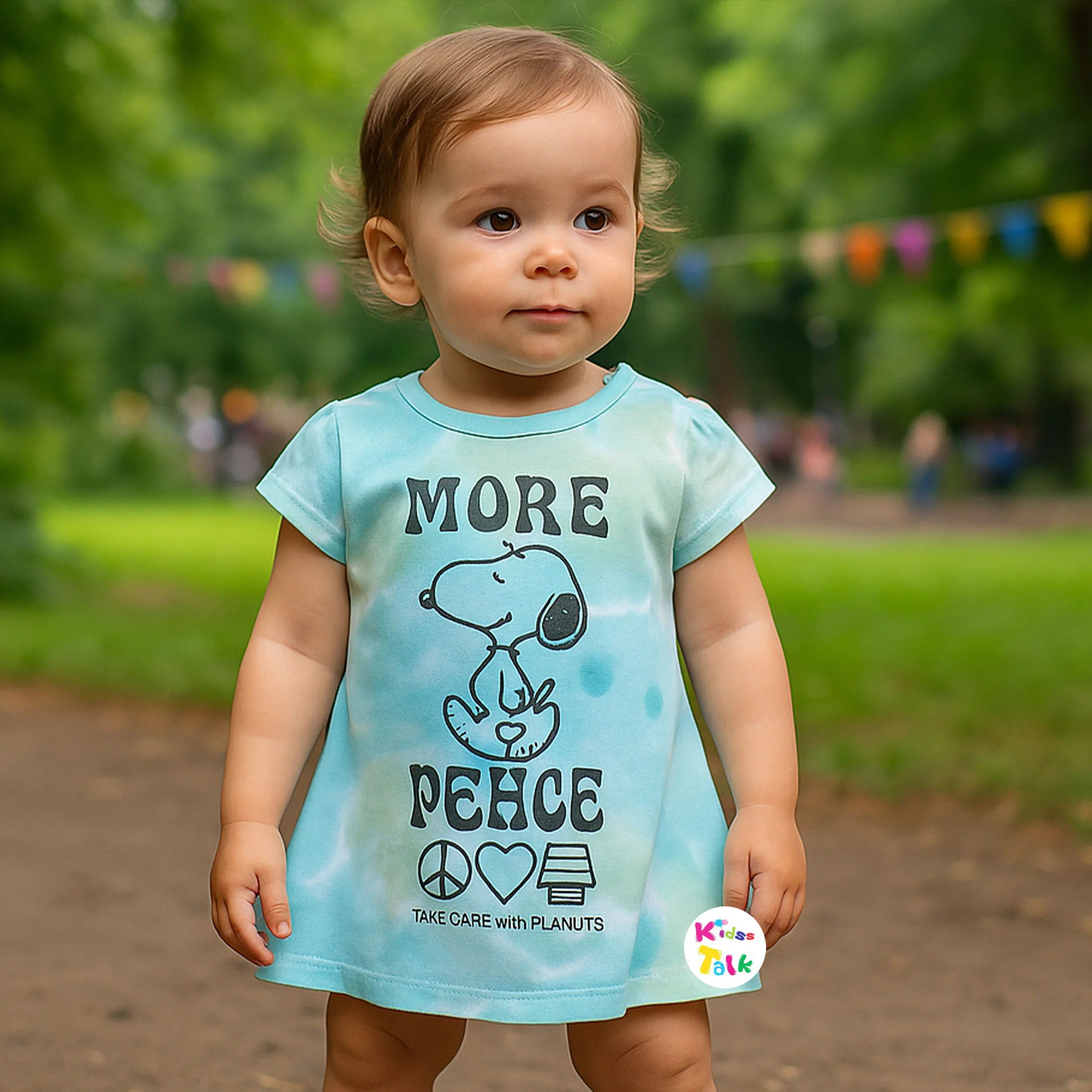 Cotton Knitted Half Sleeve Frock With Cute Printed- Blue