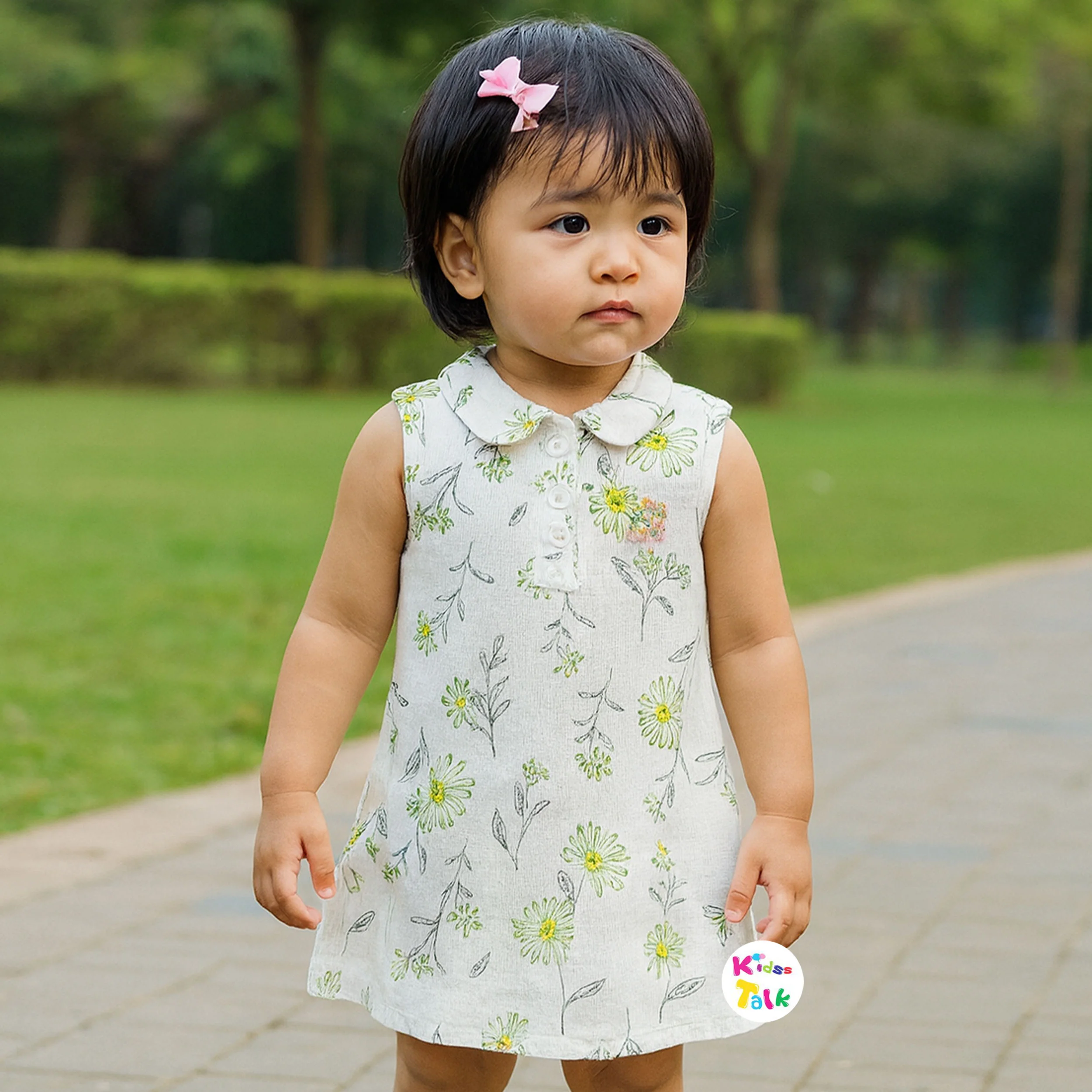 Cotton Sleeveless Frock With Floral Printed - Green