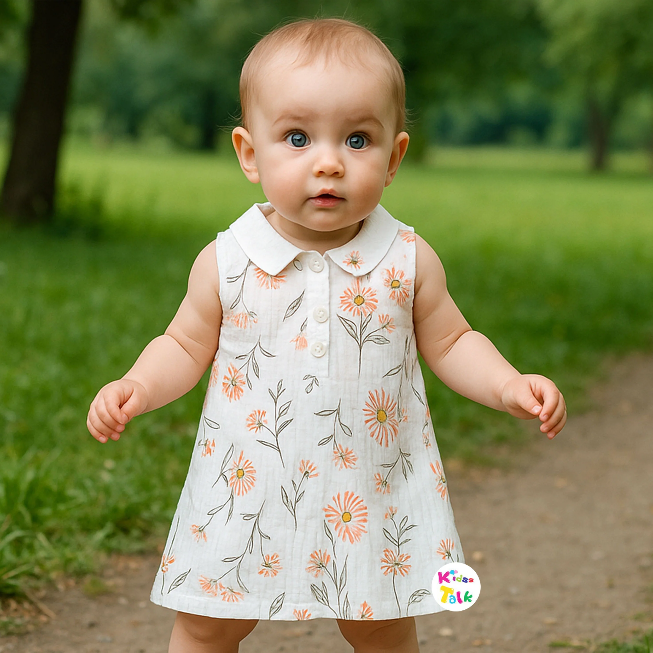Cotton Sleeveless Frock With Floral Printed - Rust Orange