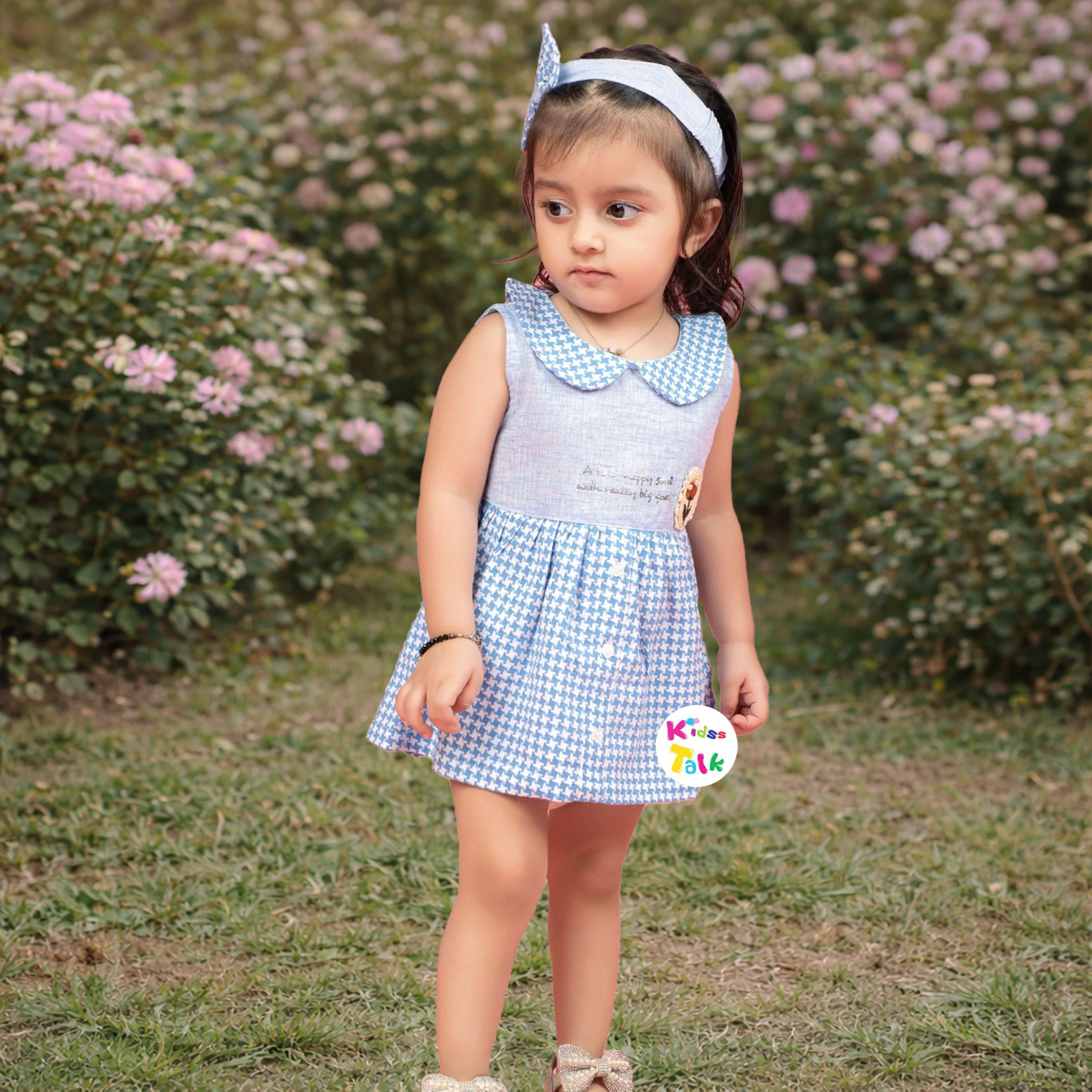 Cotton Knitted Sleeveless Frock With Cute Patch Work - Blue