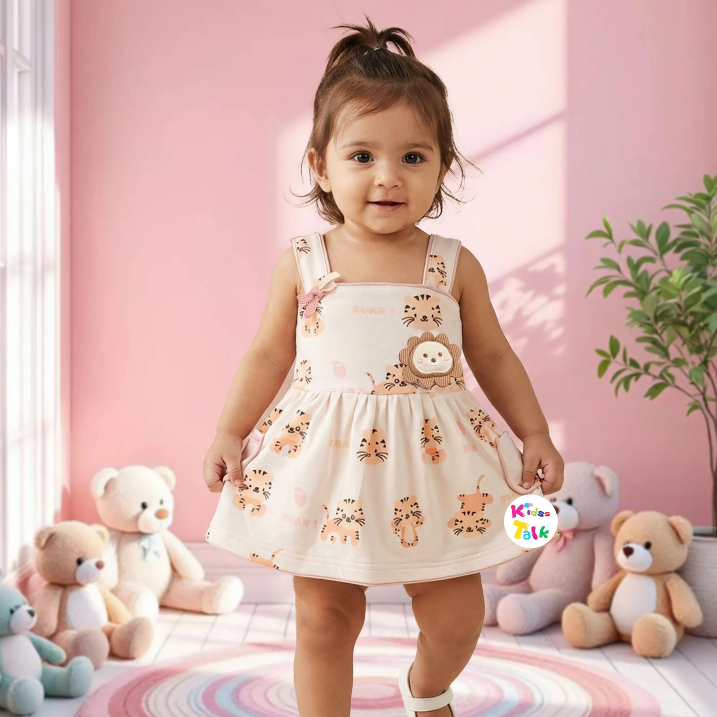 Cotton Knitted Sleeveless Frock With Cute Patch Work - Cream