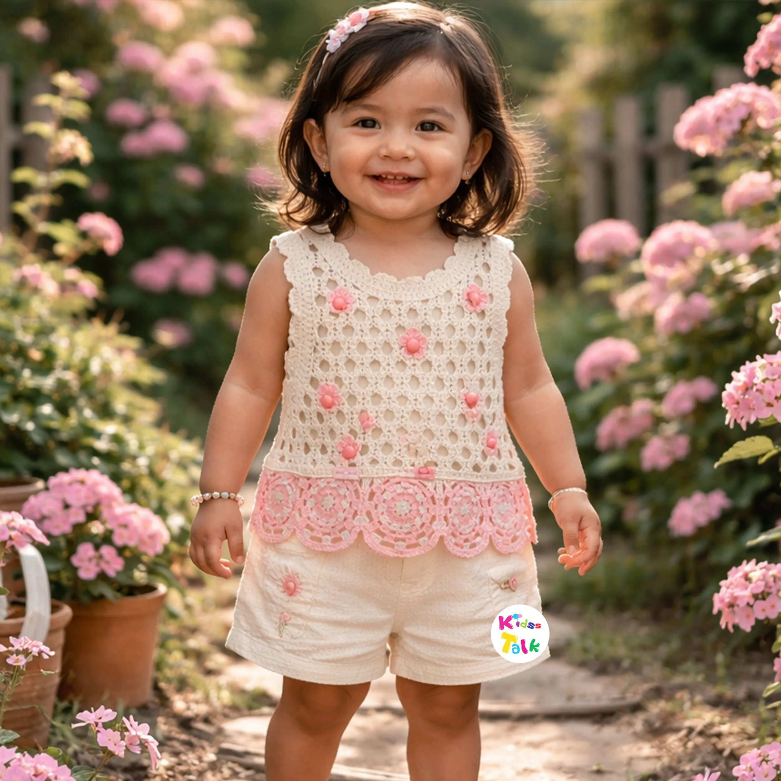 Cotton Knitted Sleeveless Half Pant Set With Patch Work - Peach