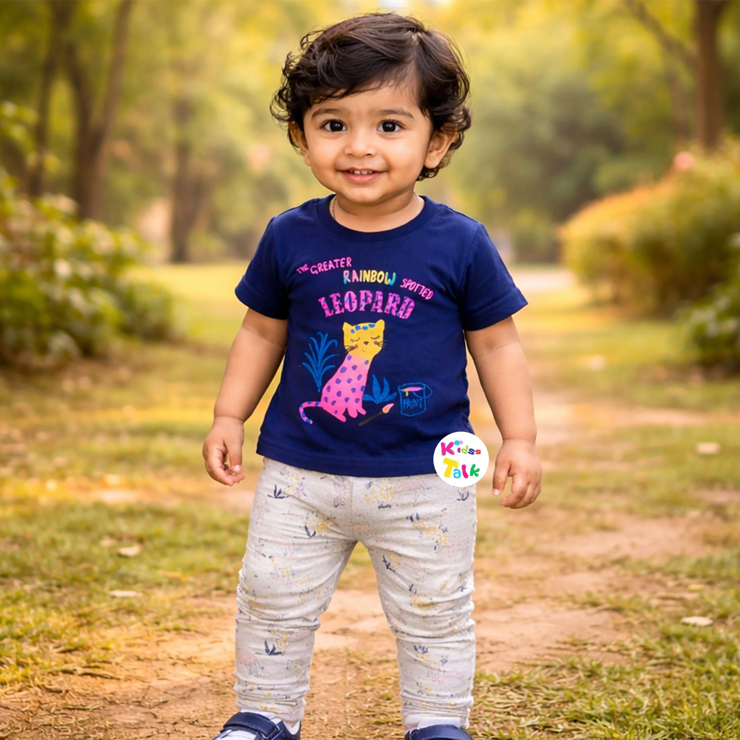 Cotton Knitted Half Sleeve T-shirt Set With Cute Print - Navy Blue